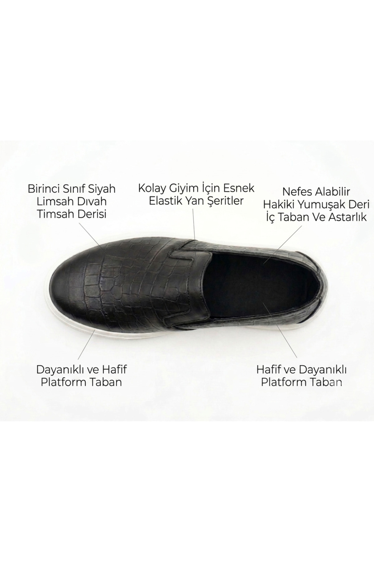 ERDOĞAN TULGAR Hakiki Deri Timsah Desenli Hafif Beyaz EVA Taban Günlük Siyah Rahat Erkek Casual Ayakkabı ET0113 görsel 5