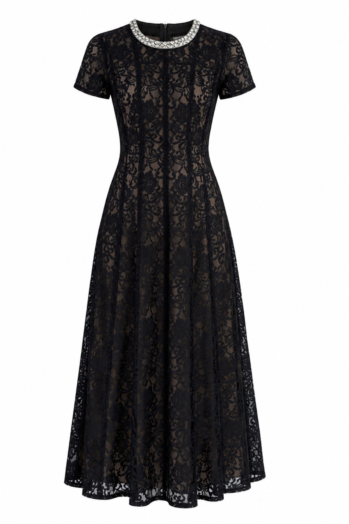 HAZELANNA Nude Lined Stoned Black Lace Dress