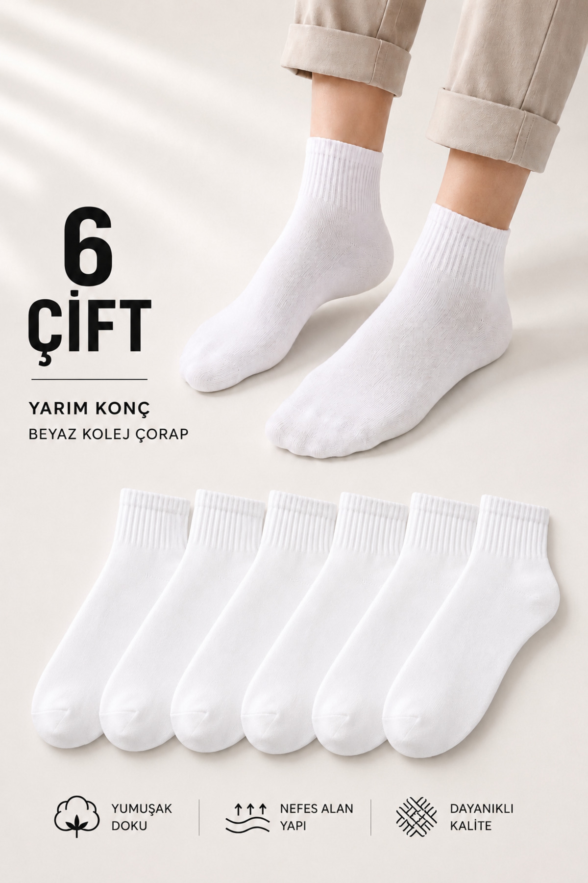 DEMAS ÇORAP 6 Çift Beyaz Yarım Konç Kolej Çorabı Unisex Pamuklu Günlük Spor Çorap