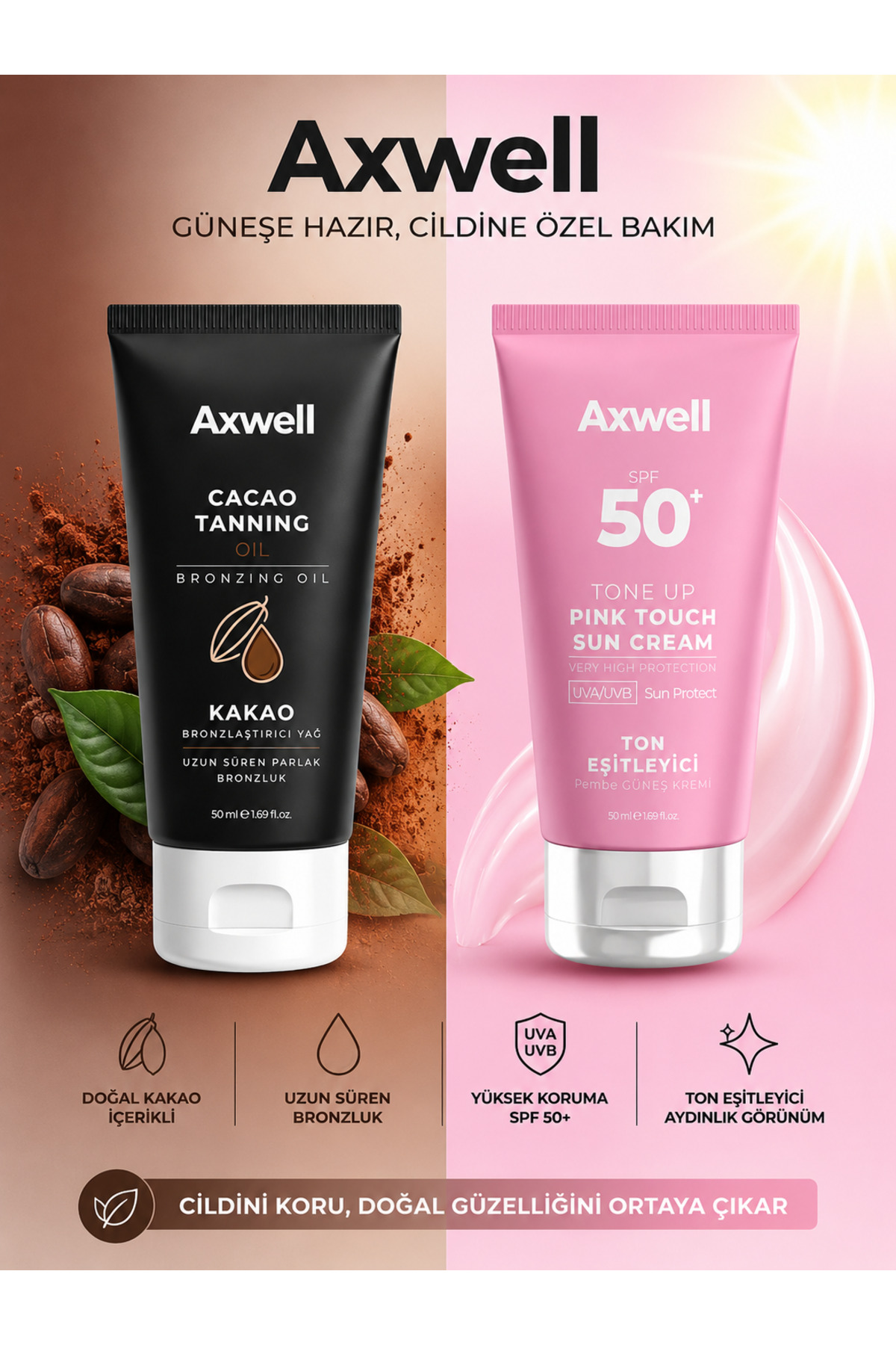 Bronzlaştırıcı 50ml ve SPF 50+ Pembe Güneş kremi 50ml — AXBPGK-50