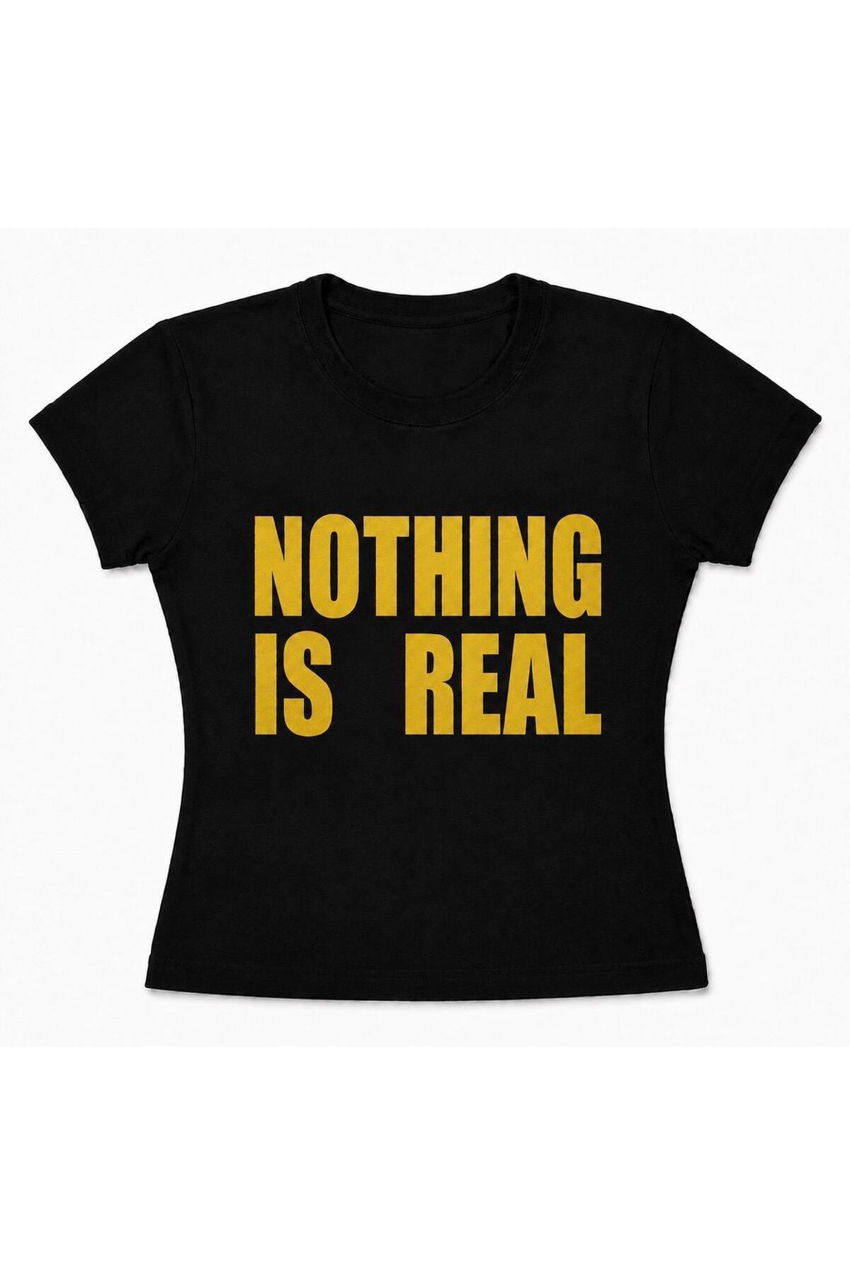 manicsellout "Nothing Is Real" Baskılı Kadın Crop Tişört - Y2K Baby Tee Sarı Yazılı Siyah Tişört görsel 2