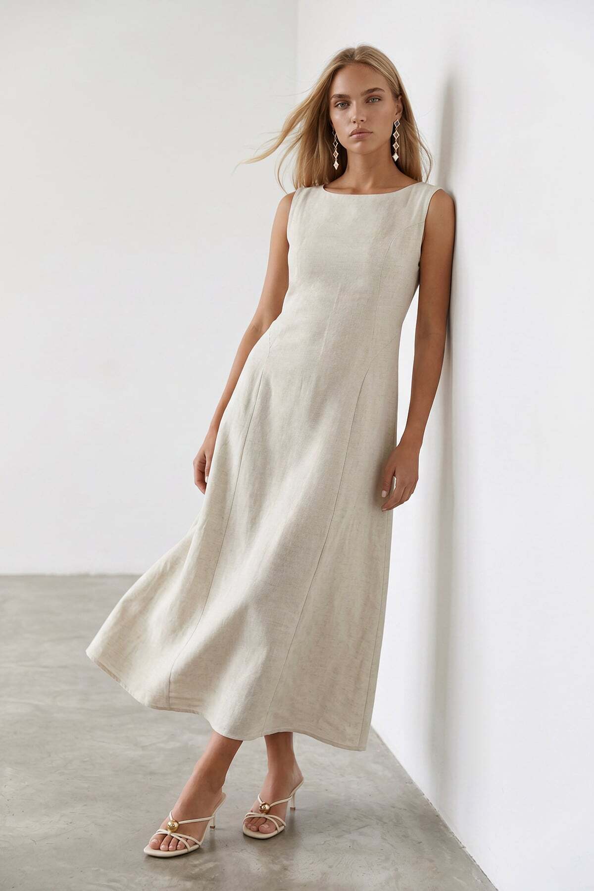 Trend Alaçatı Stili Women's Raw Linen Crew Neck Midi Length Lined Knitted Dress Alc-X15559