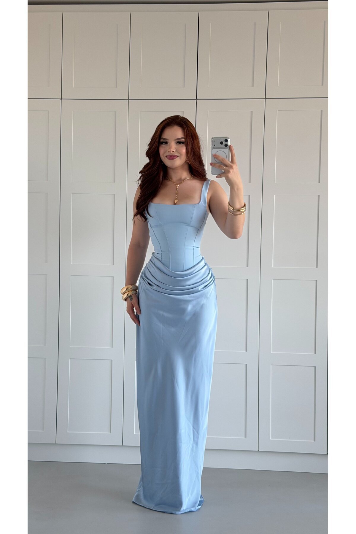 AYŞENUR DİNÇER Sofia Drape Saten Uzun Elbise Bebe Mavisi
