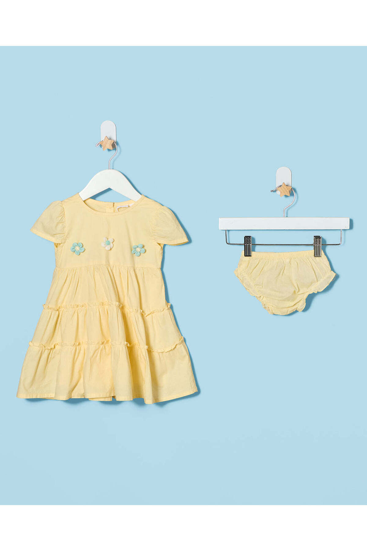 REDTAG Infant Girls Yellow 3D Flower Dress Set 2 Pieces
