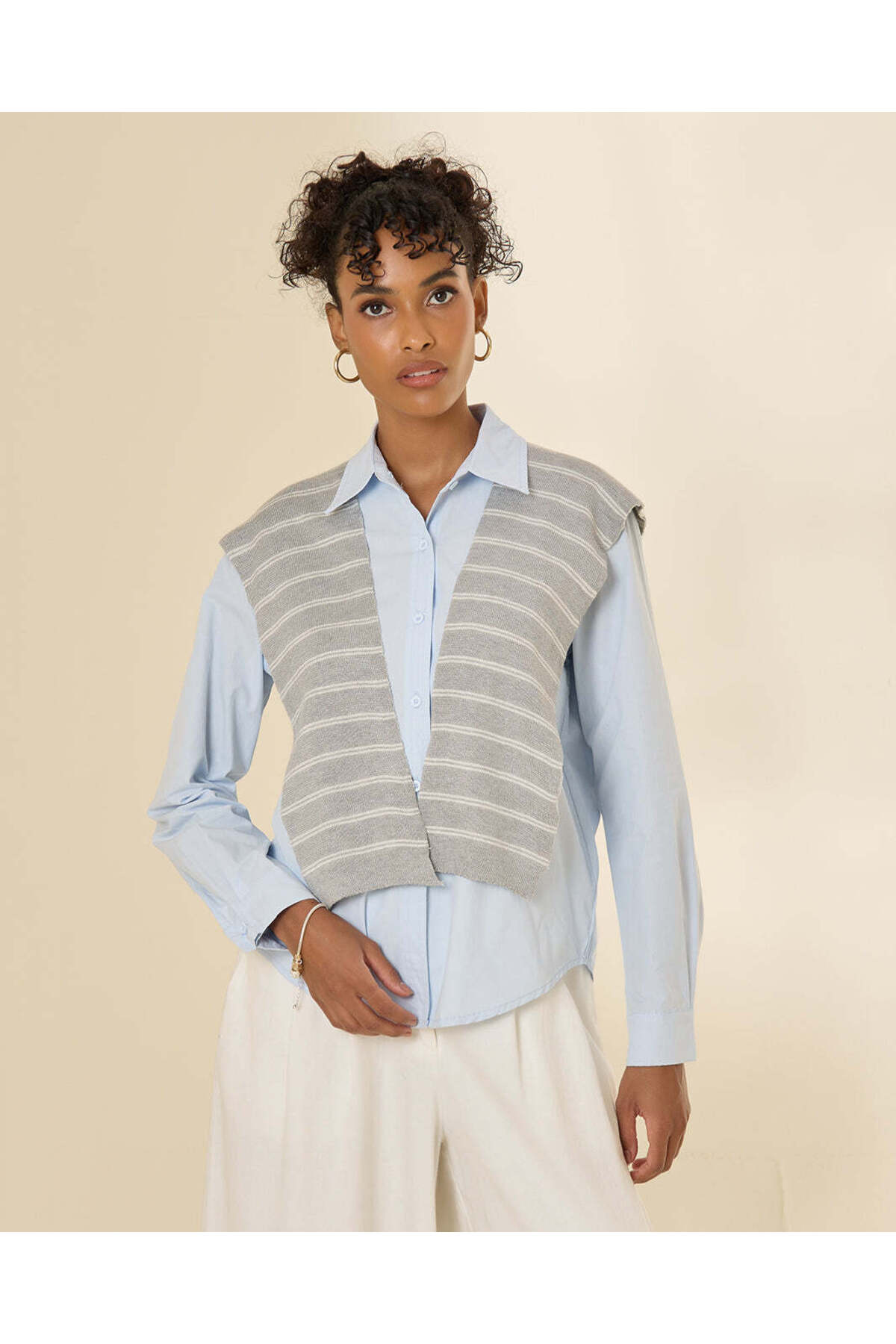 REDTAG Women Light Blue Button Down Collared Shirt With Scarf