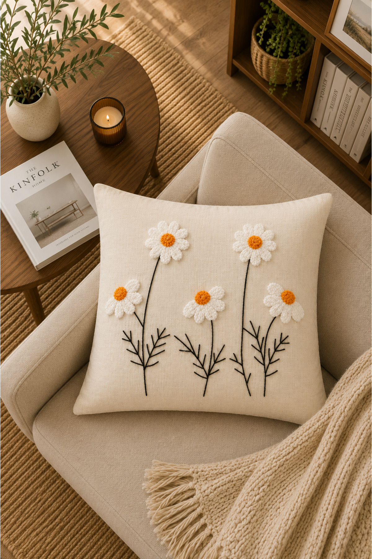 Dekoratif Punch Kırlent Kılıfı Keten Kumaş Gizli Fermuarlı 43x43