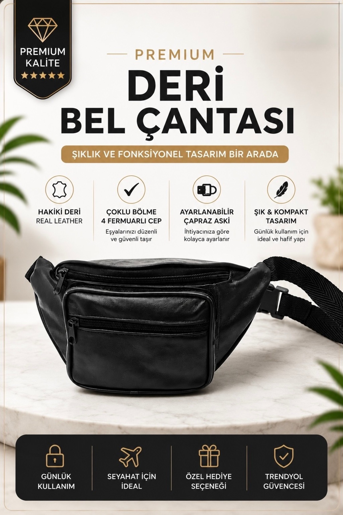 Lumera %100 deri siyah bel çantası/günlük rahat kullanım
