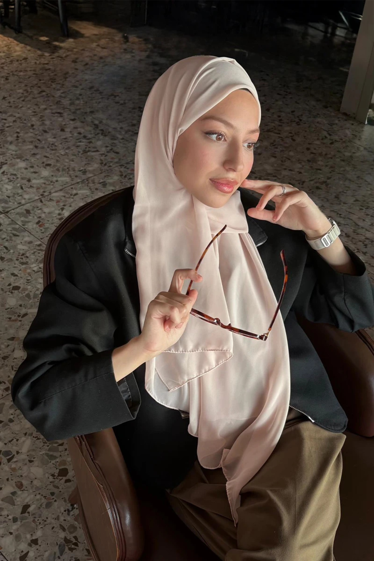 Madame Polo Krep Şifon Şal - Toz Pembe