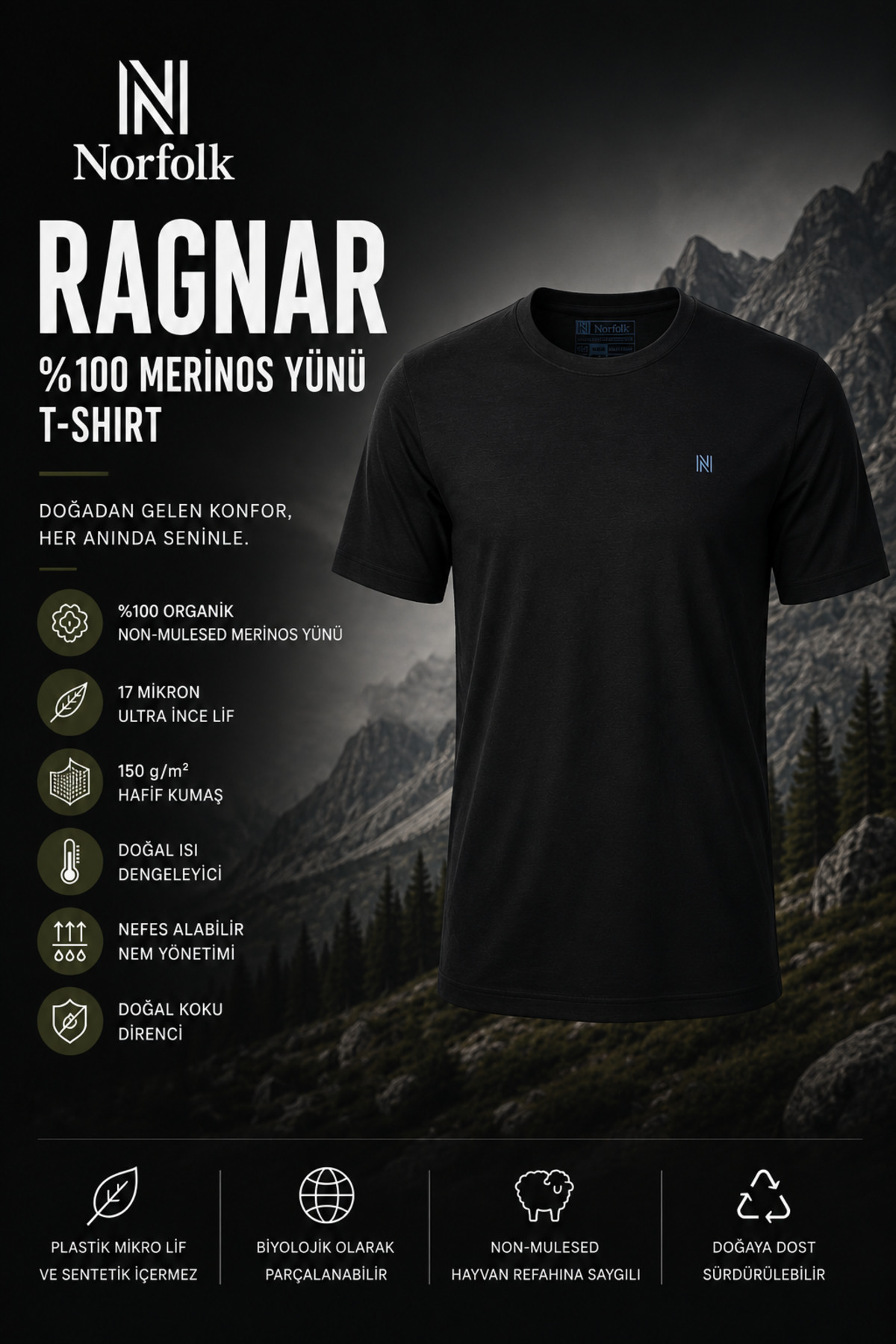 تی شرت 100% پشم مرینو ارگانیک غیر مولد RAGNAR - مشکی 2
