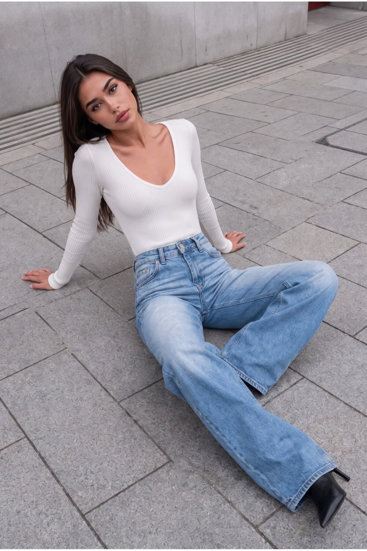 mavi efektli Soluk Efekt Vintage Yüksek Bel Wide Leg Geniş Paça with Lycra Jeans 7