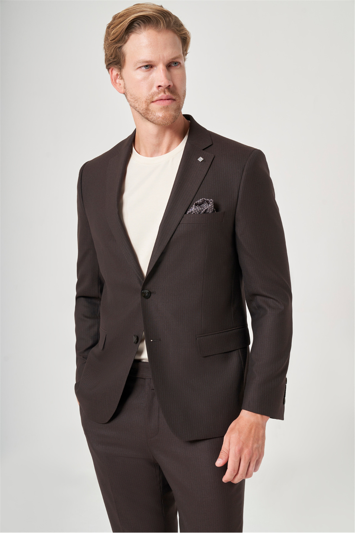 İmza Kahverengi-Antrasit Mono Yaka Çizgili 6 Drop Slim Fit Tam Astar Esnek Takım Elbise 1001260901 görsel 2