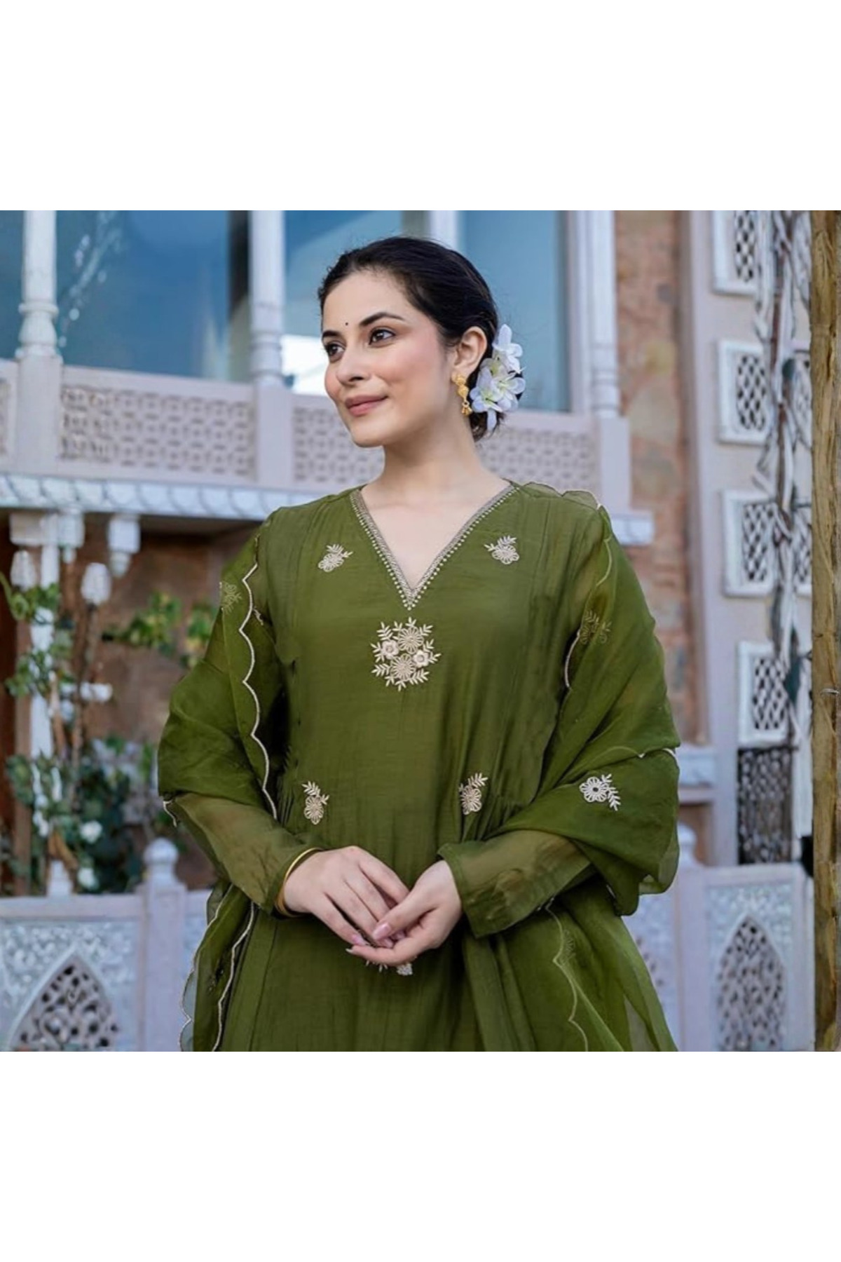 MYSMAR Green Embroidered Anarkali Kurta and Pant with Dupatta - ALV2123 - Green-Size-M-38-Inches