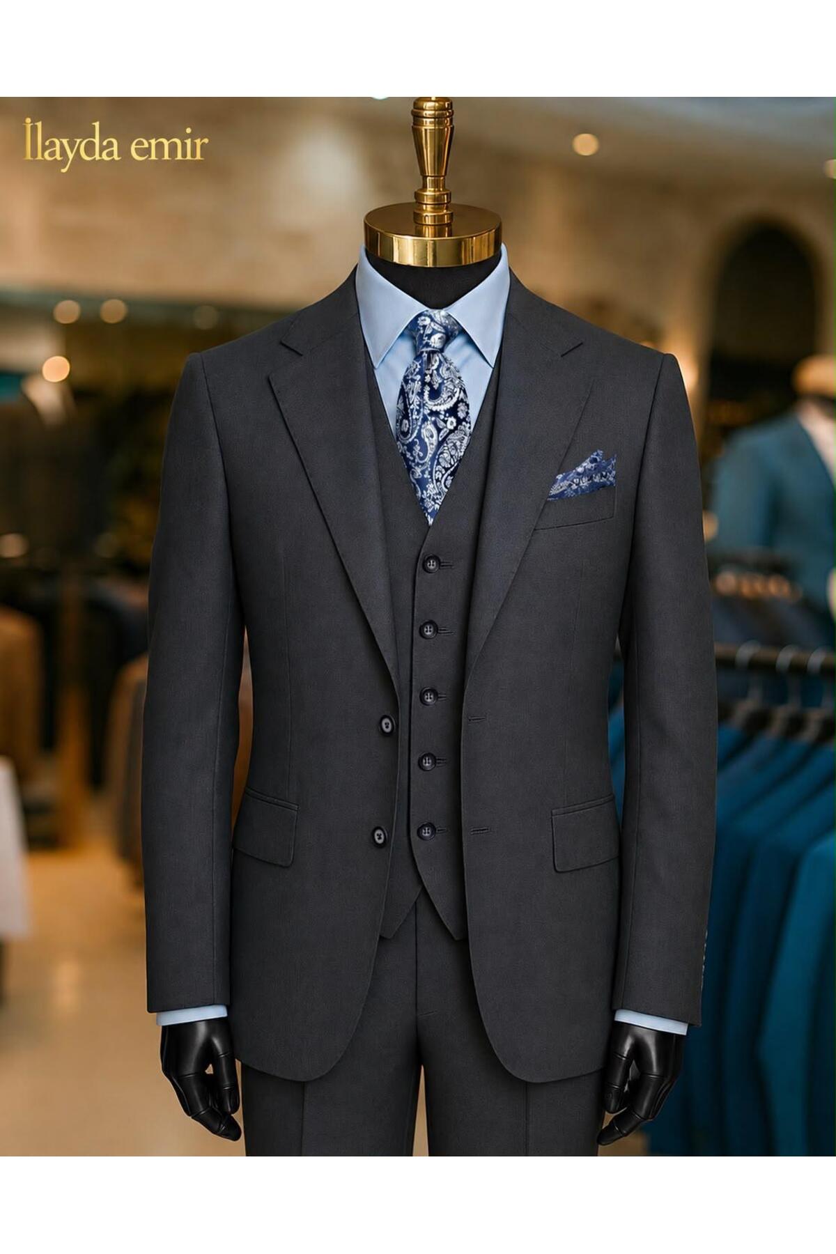 ilayda emir Men's Anthracite Vest Slim Fit Suit Classic Wedding Engagement Suit