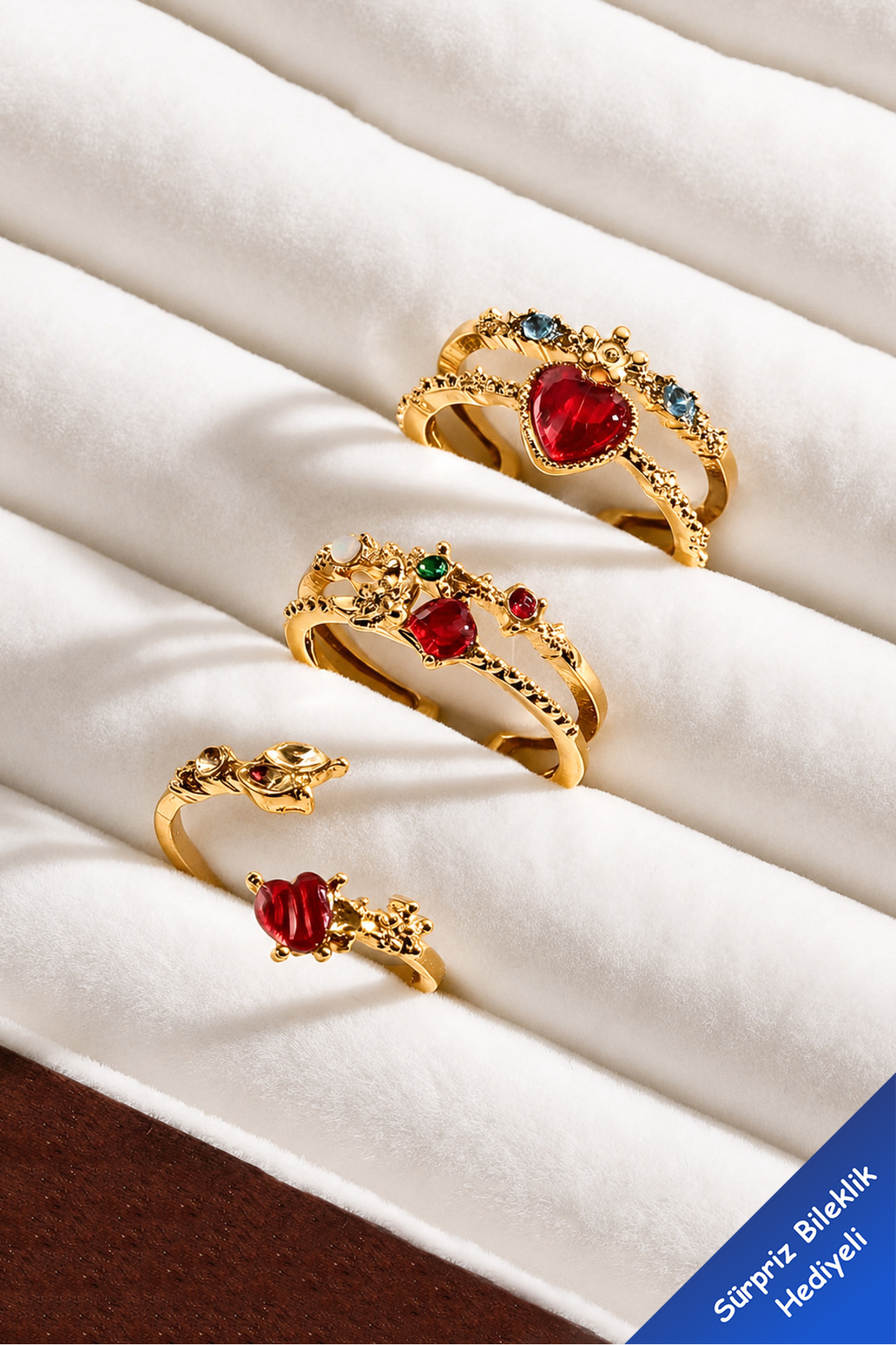 The Collection 3'lü Kırmızı Taşlı Kombin Ay yıldız kelebek Pinterest Tasarım Gold Yüzük Set