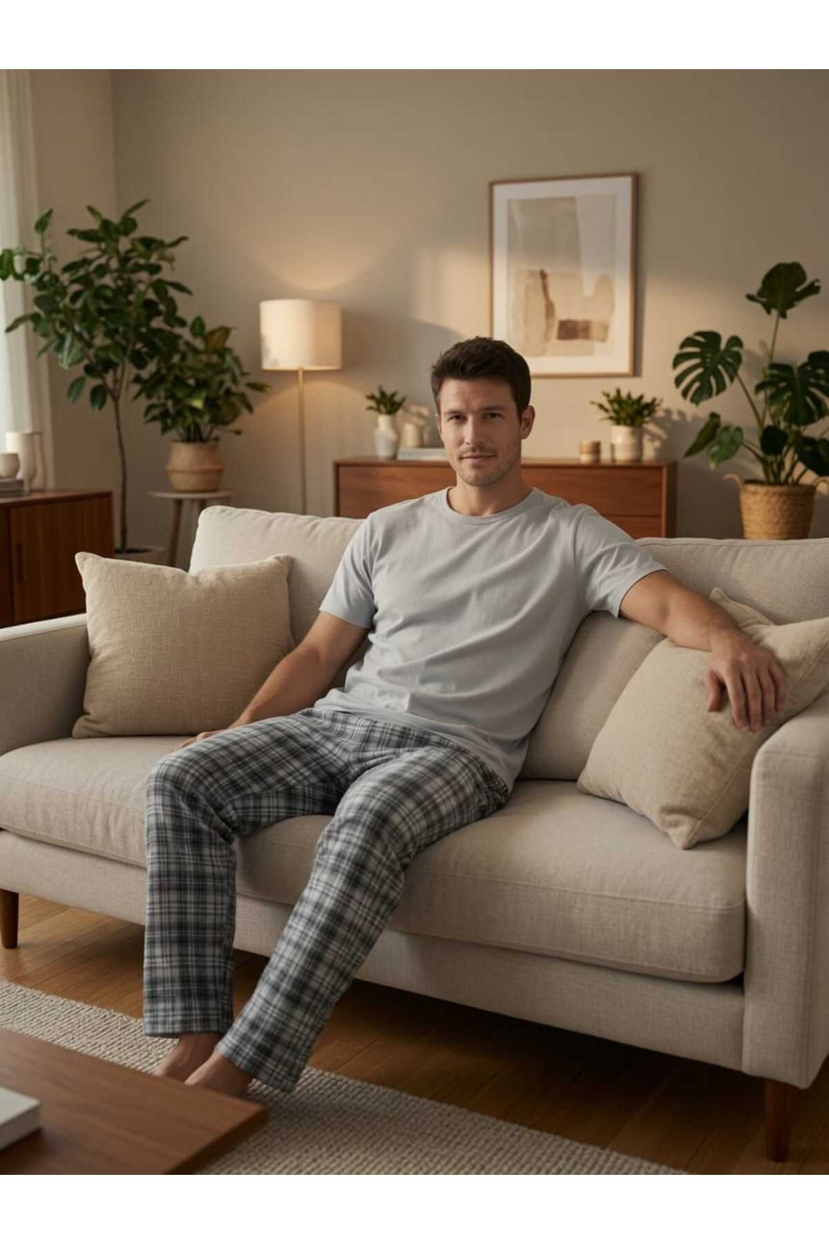 PİJART Erkek Gri Ekose Pamuklu Pijama Takımı