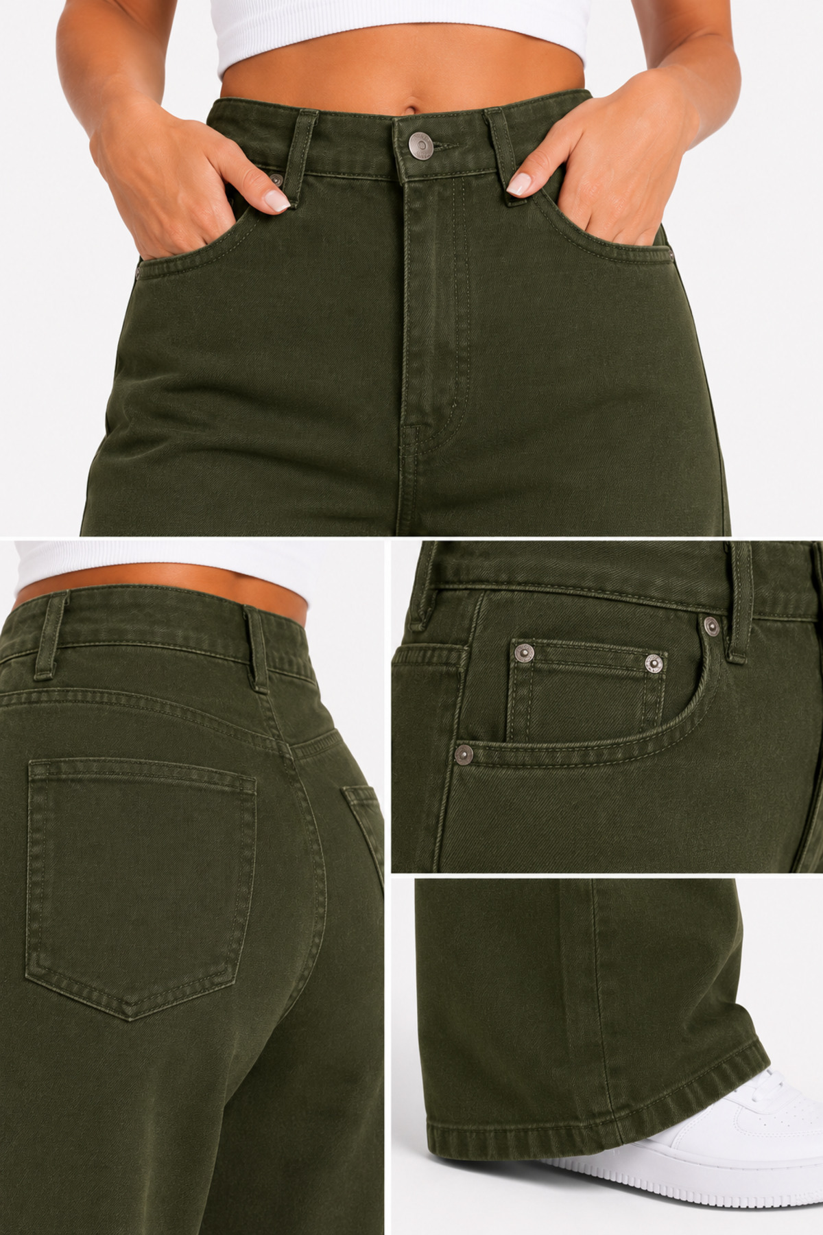 Lighter Jeans Kadın Haki Yüksek Bel Wide Leg Straight Fit Palazzo Bol Paça Esnek Denim Pantolon görsel 6