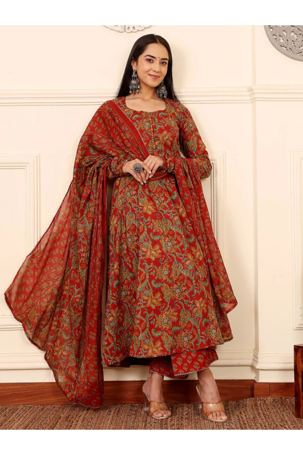 MYSMAR Red Viscose Rayon Kameez Salwar & Dupatta - VRN1025 | Red-Size:XL-42-Inches