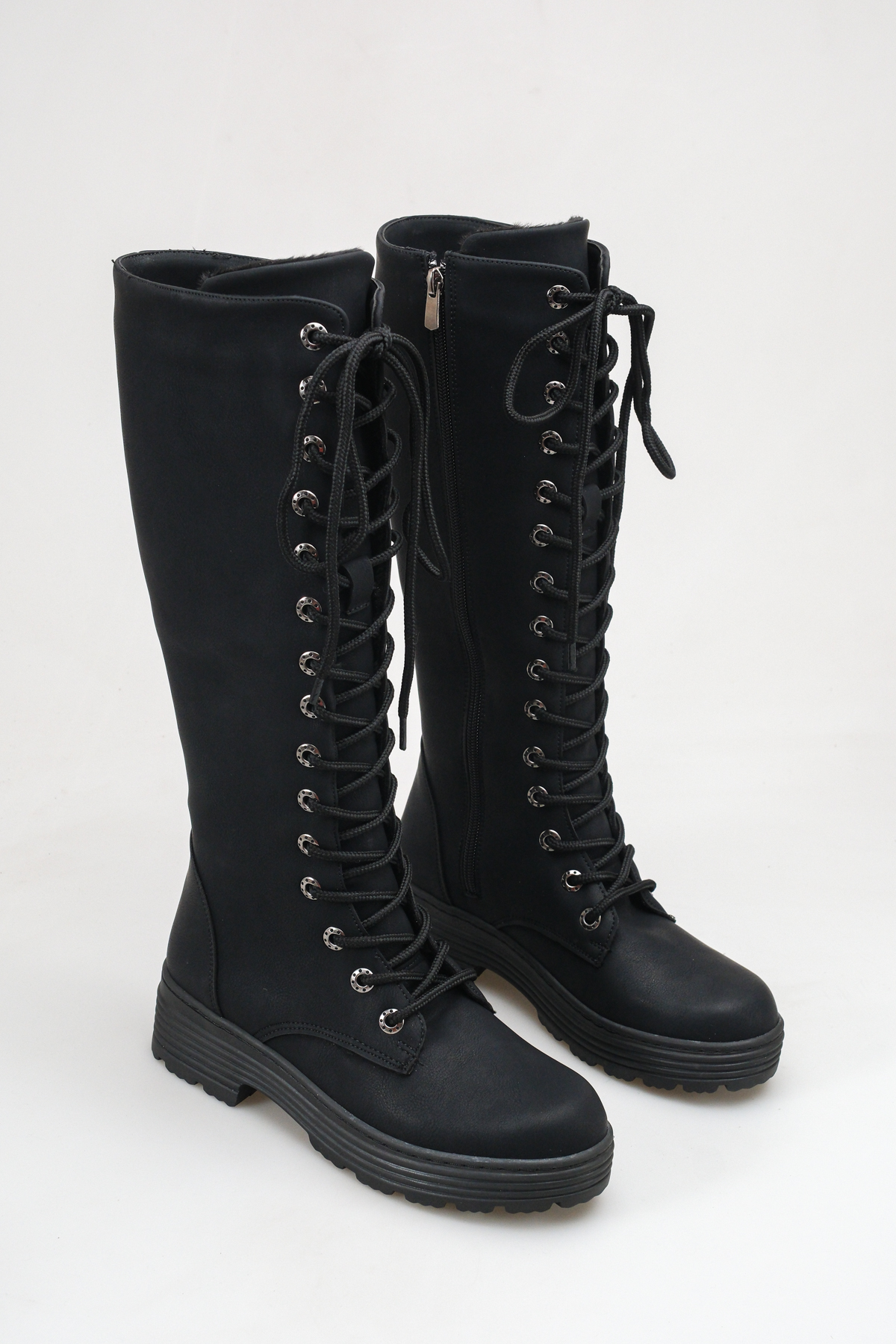 SENASTİL S160 Kadın Siyah Bağcıklı İçten Fermuarlı Diz Altı Çizme Kalın Tabanlı Rahat Çizme