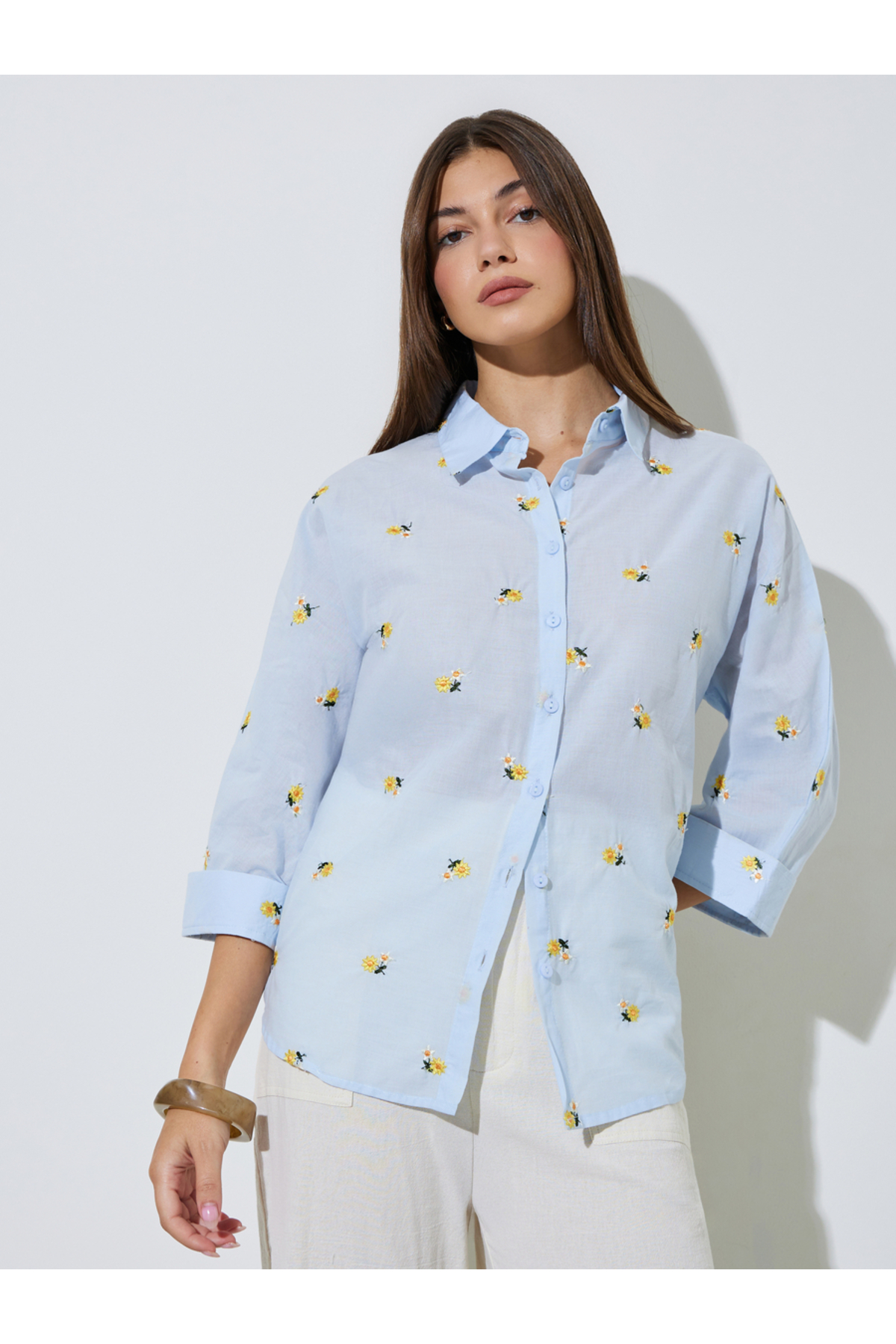 Styli Light Blue Floral Embroidered Relaxed Fit Shirt
