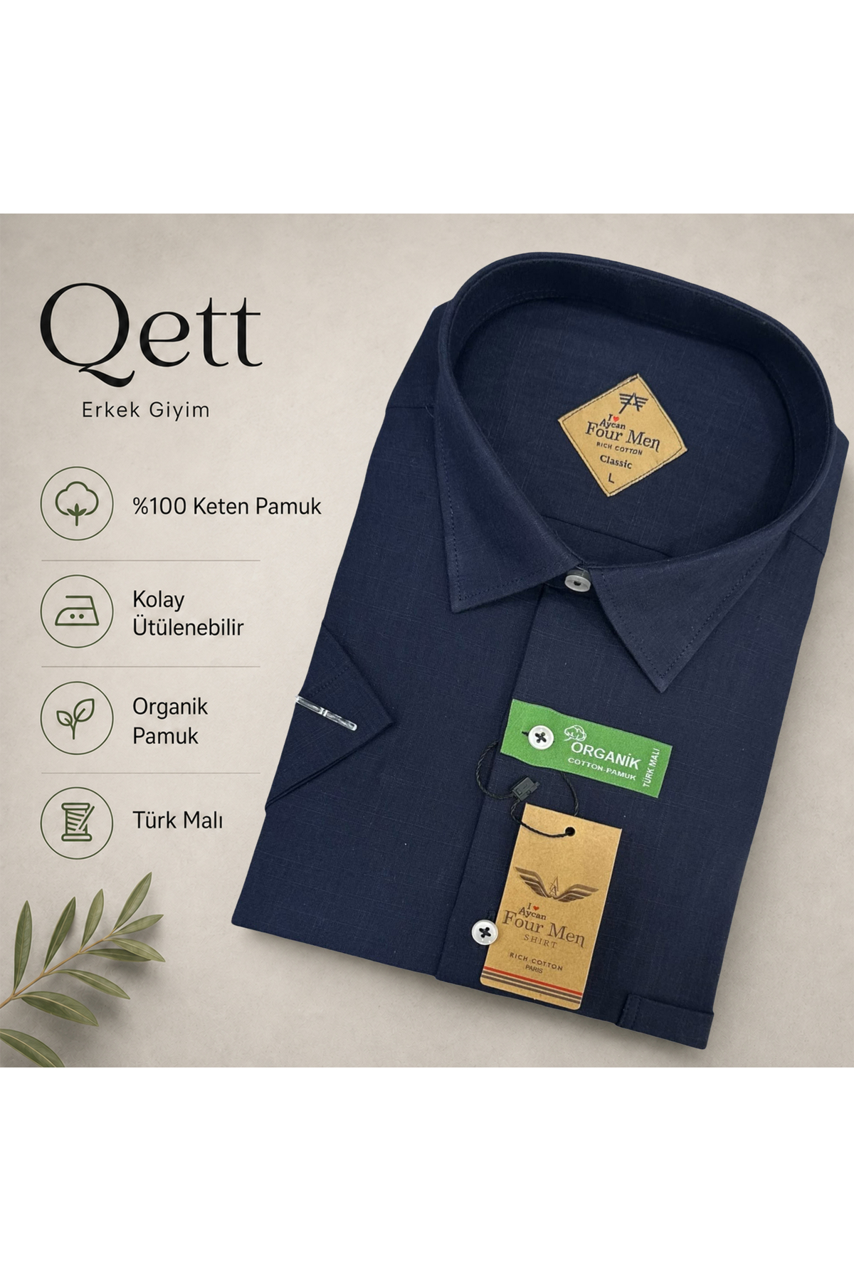 Qett Kısa Kol Regular Kesim Düğmeli Yaka Pamuk Nefes Alabilen Keten Görünümlü Gömlek Büyük Beden görsel 2