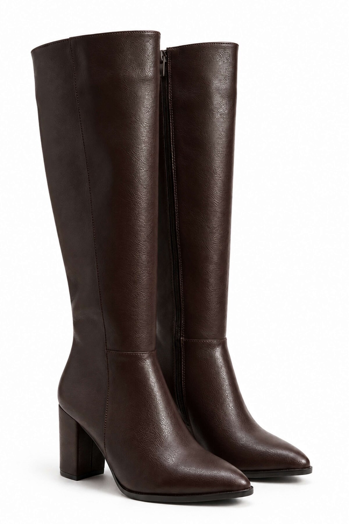 İX Culina Pointed Toe Thick Heeled Side Zipper Below the Knee Women's Brown Leather Boots