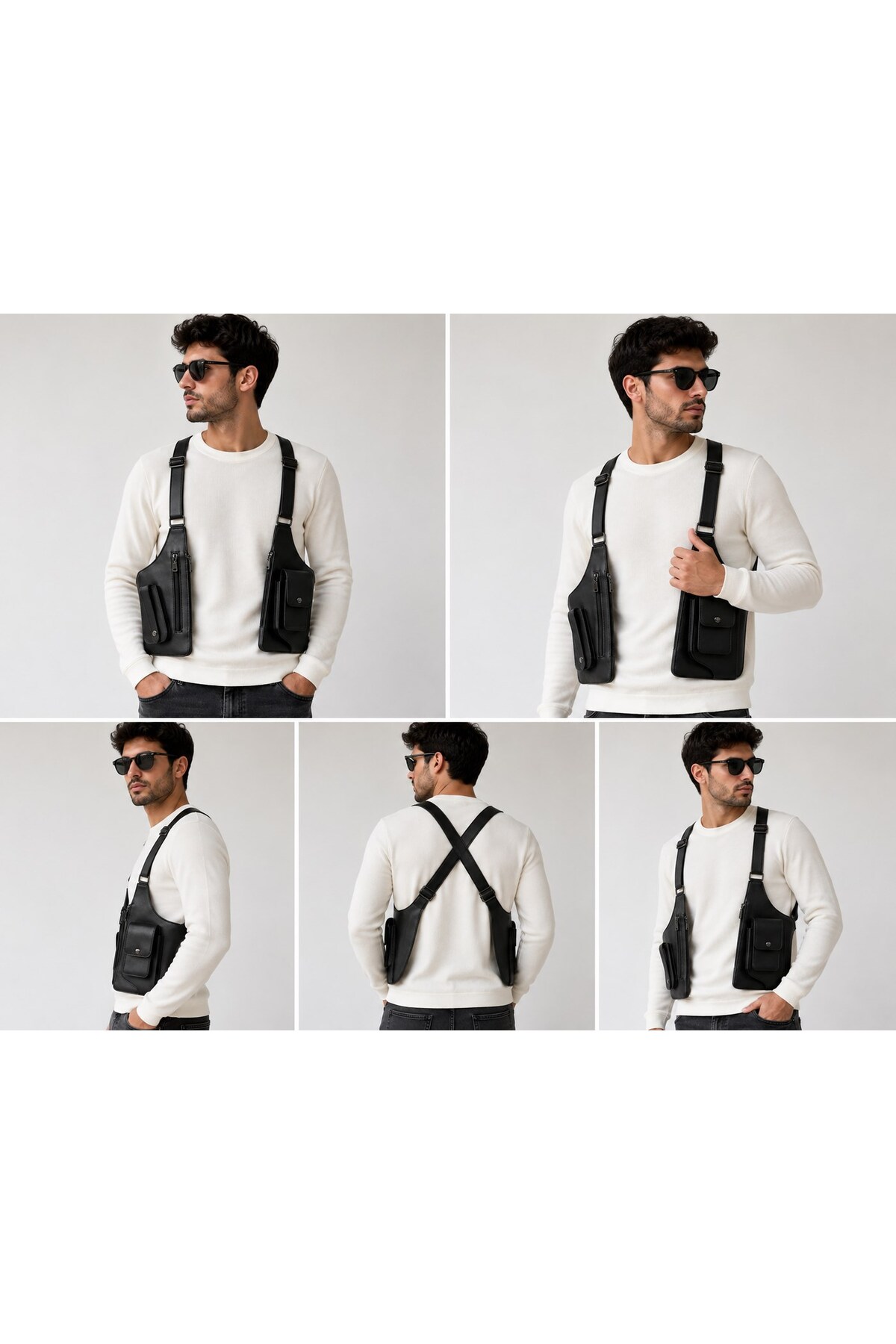 Newish Unisex Siyah Vegan Deri Çapraz Askılı Çok Cepli Harness Göğüs Çantası görsel 2