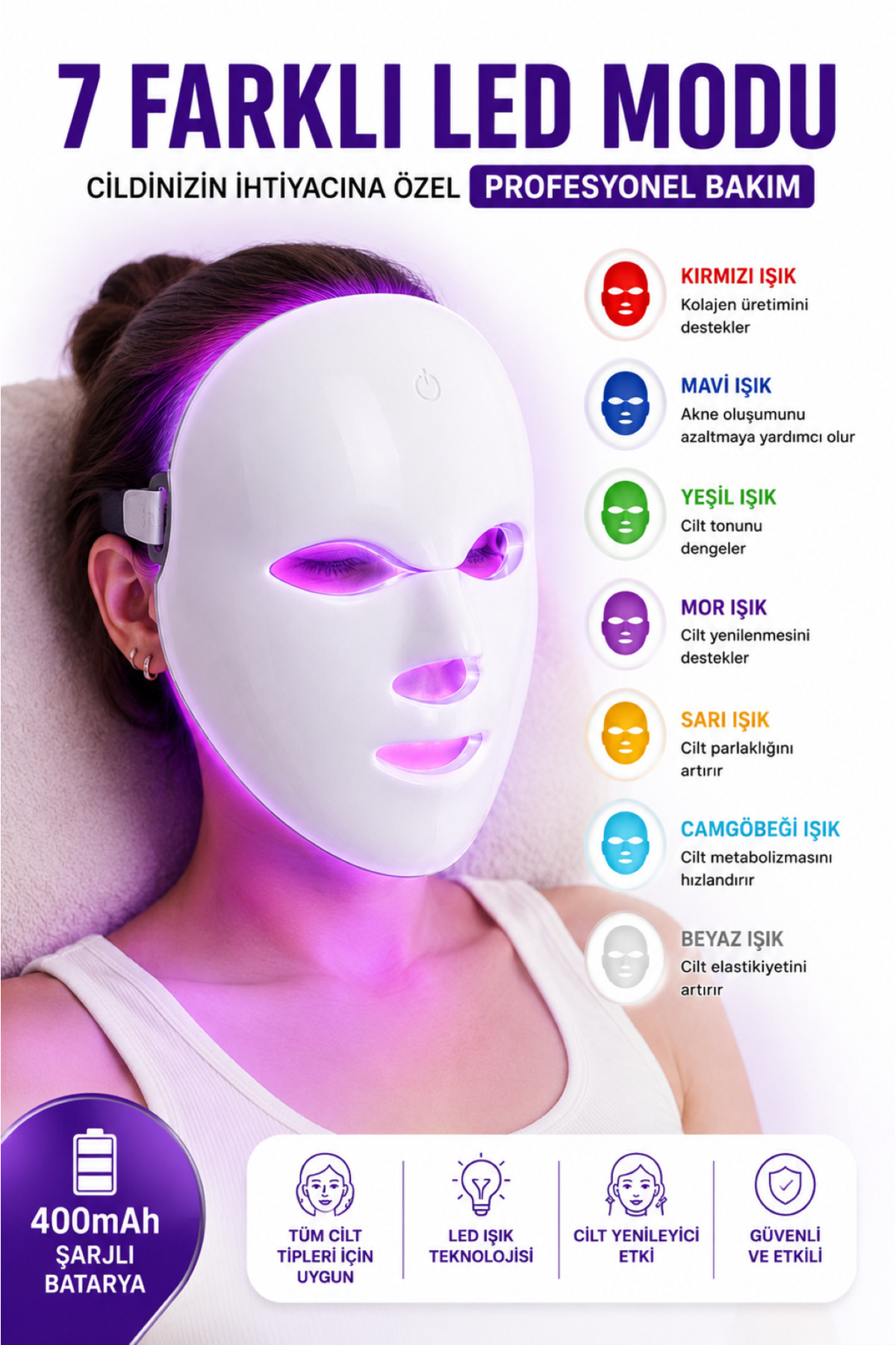 ماسک مراقبت از پوست با نور LED، ماسک صورت 7 رنگ LED تراپی، ضد چروک، آکنه و جوان کننده پوست، قابل شارژ 400 میلی آمپر ساعت — سفید SRTDYFUGIHOJPKK — تصویر 5 از 8