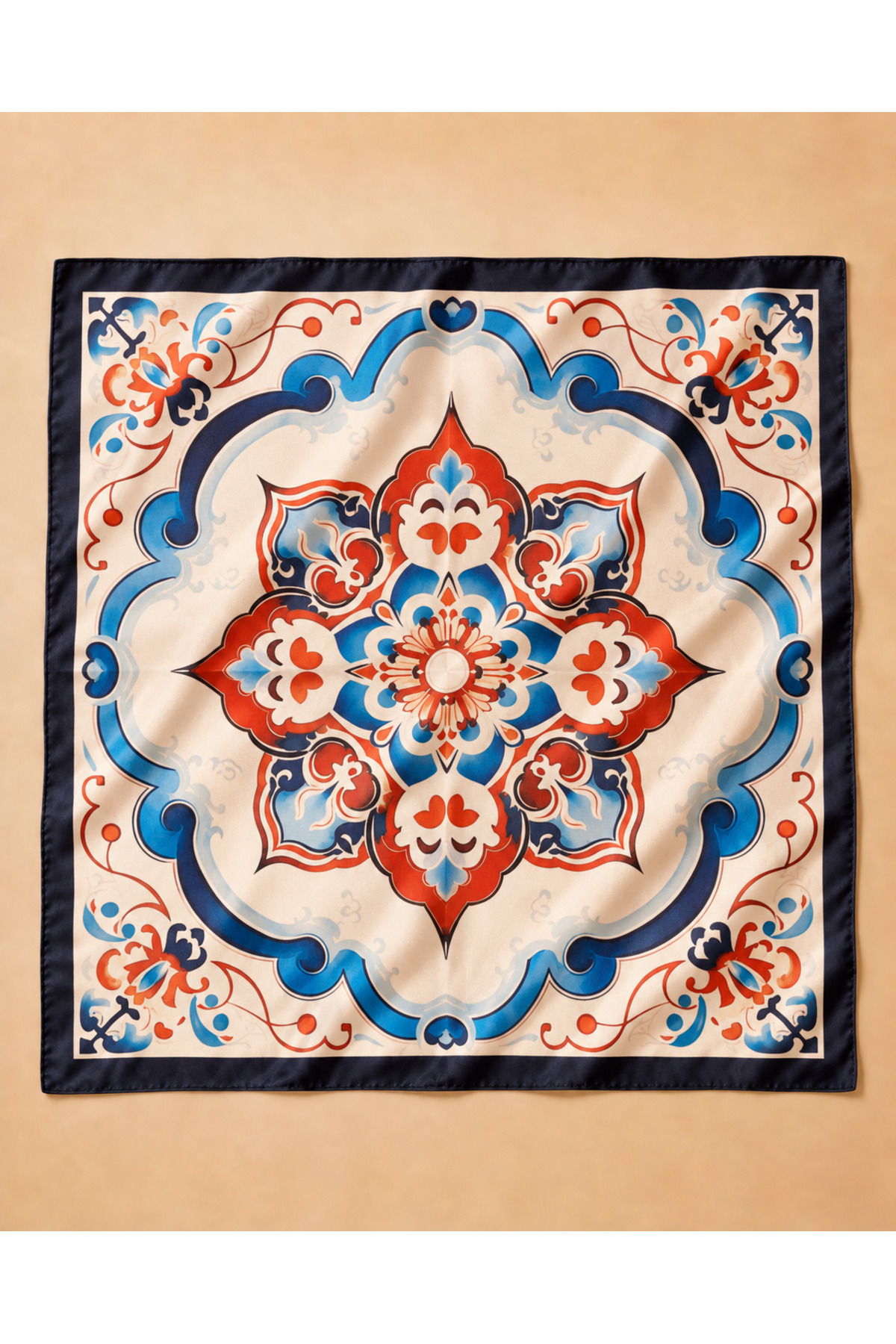 OUS Kadın Çini Desenli 50x50 cm Saten Fular, Lacivert Kenarlı İpeksi Dokulu Kare Boyun Saç ve Çanta Aksesuarı görsel 5