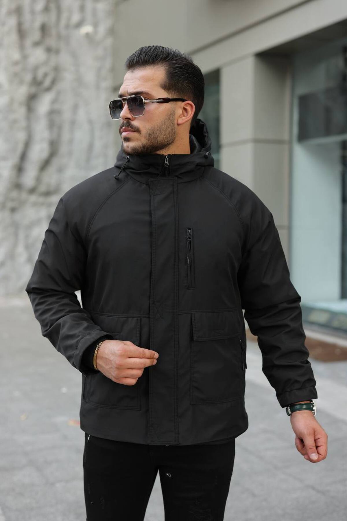 Erkek Kapitoneli Mont Su ve Rüzgar Geçirmez Premium Ceket — مشکی MNT1 — تصویر 3 از 5