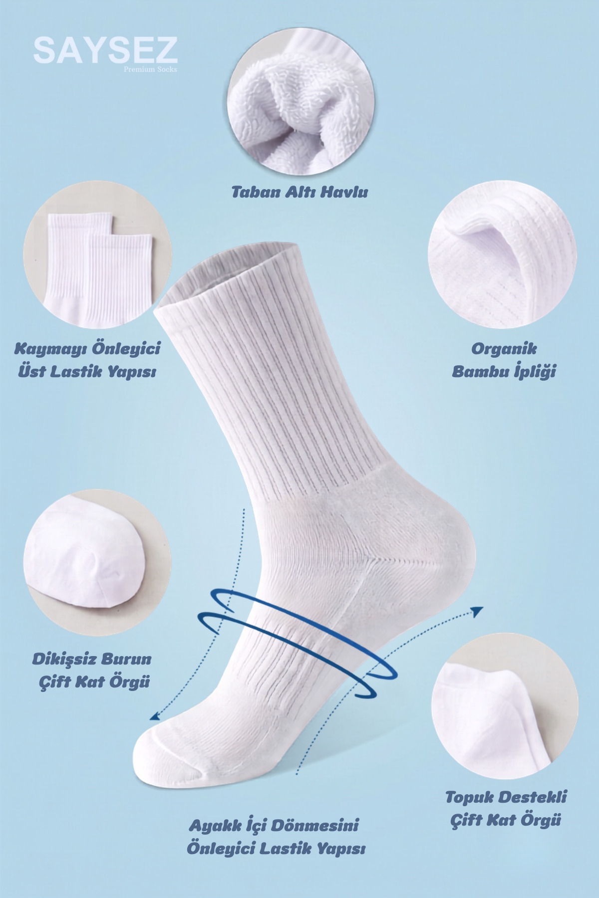 SAYSEZ Bambu Beyaz Tenis Taban Altı Havlu Dikişsiz Spor Çorabı Unisex Model Beden 2'li Paket görsel 2