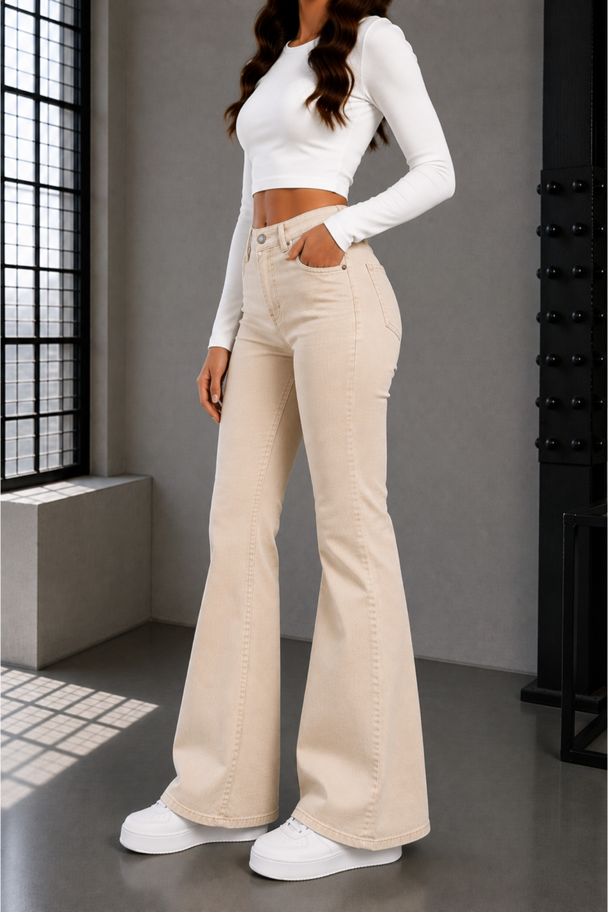 TRUEJNS Gabriela Kadın Bej Ekru Likralı Yüksek Bel Kot pantolon Trend Jean görsel 4