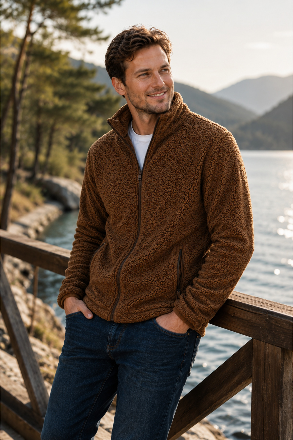 Erkek Peluş polar Slim Fit Dik Yaka Fermuarlı Cepli Günlük Spor Ceket — قهوه‌ای l2139081289 — تصویر 5 از 8