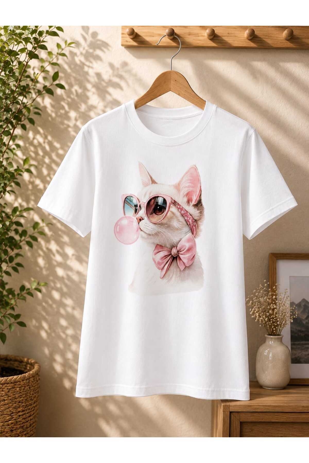 Pembe Fiyonklu Gözlüklü Balonlu Şirin Kedi Baskılı Kadın Erkek Unisex Beyaz Kısakollu Tişört