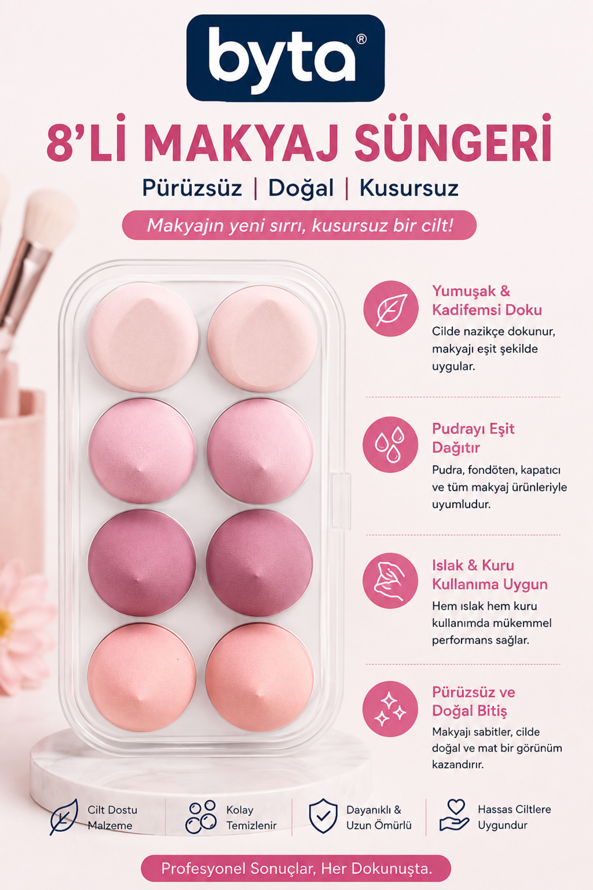 8’li Makyaj Süngeri Seti – Kutulu Fondöten, Pudra ve Kapatıcı Uygulama Süngerleri — BYTA-AYK-026