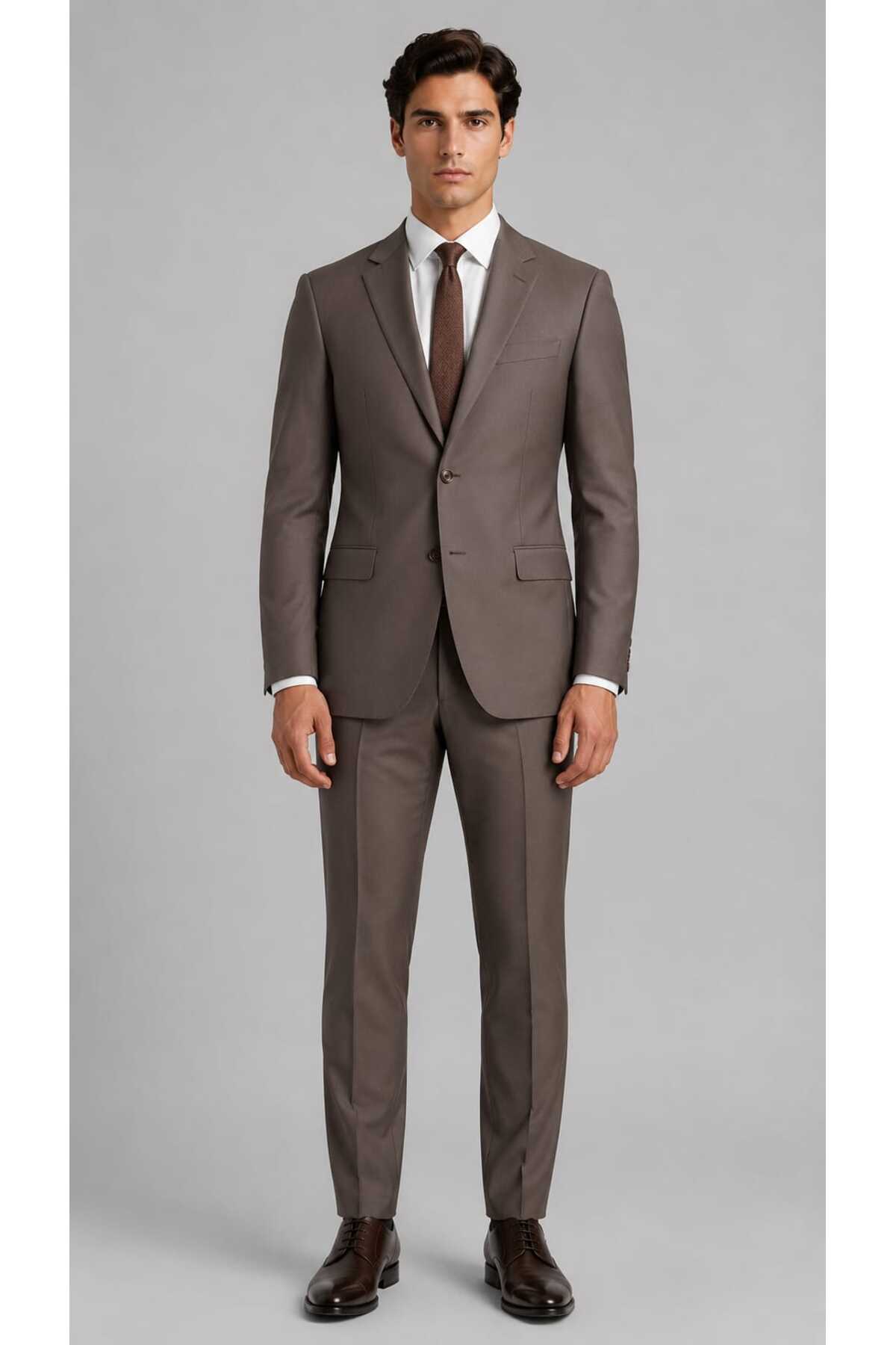 Slim Fit 140'S Kahverengi Takım Elbise Beden :46-48-50-52-54-56-58 — قهوهای TK_1067