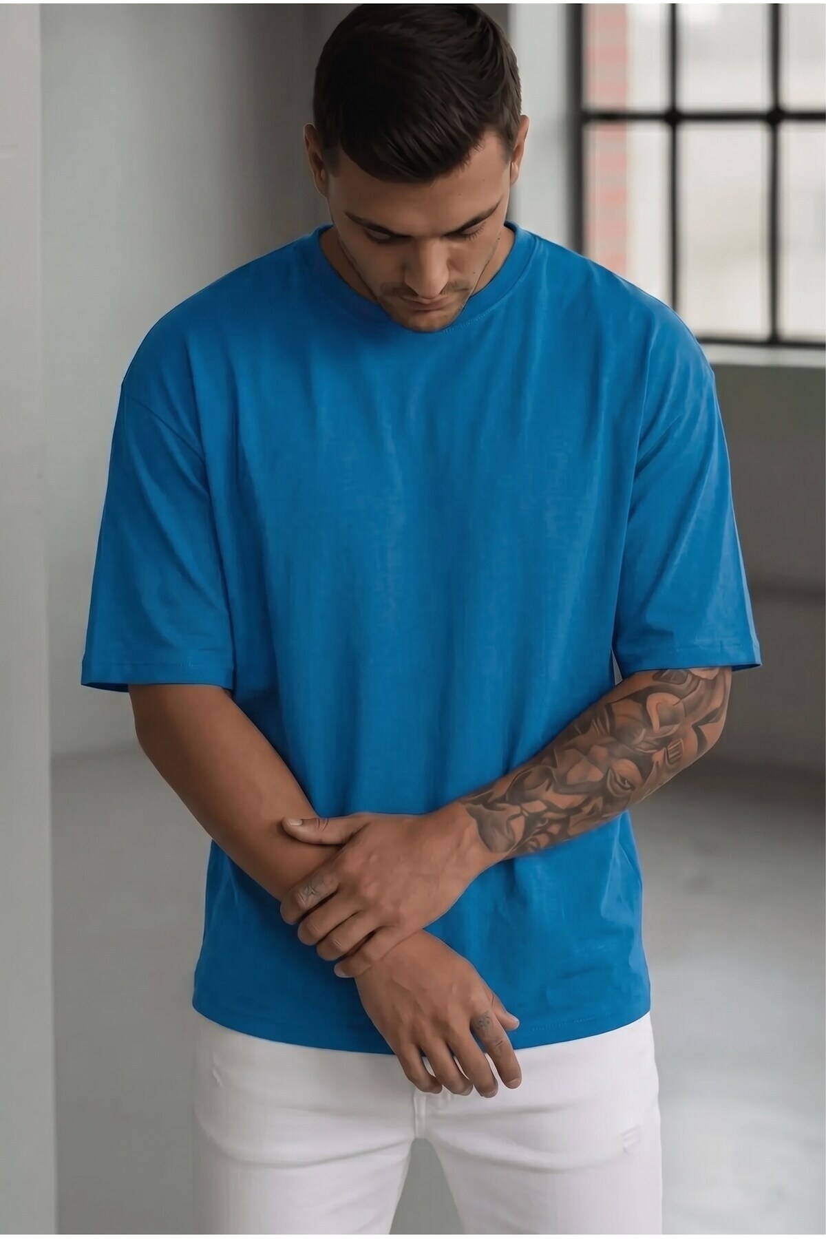 Teenage Millionaire Erkek Mavi Basic Düz Baskısız Oversize Salas T-shirt görsel 2