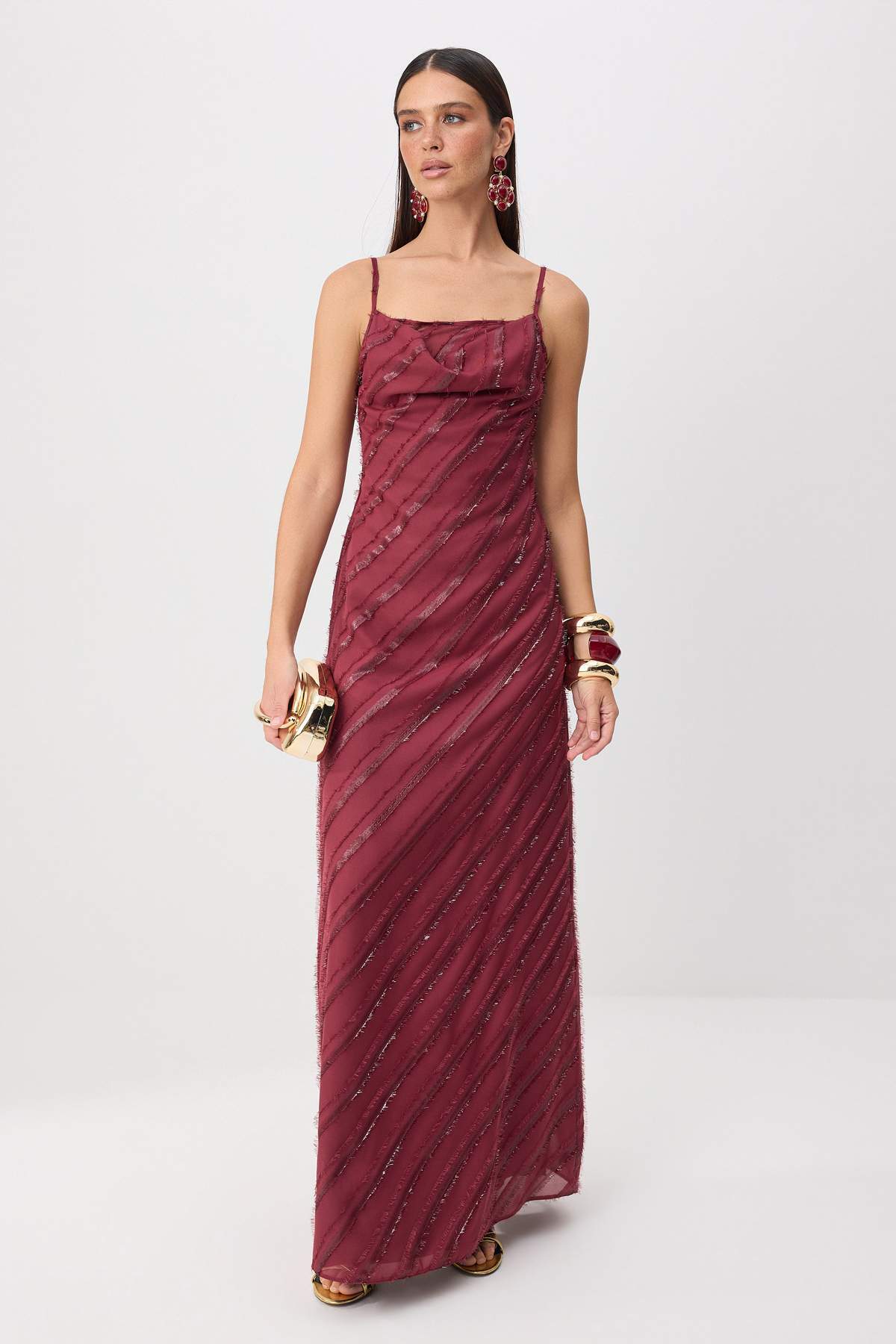 Trendyolmilla Bordo Dokuma Saten Maxi Elbise TPRSS26EL00193