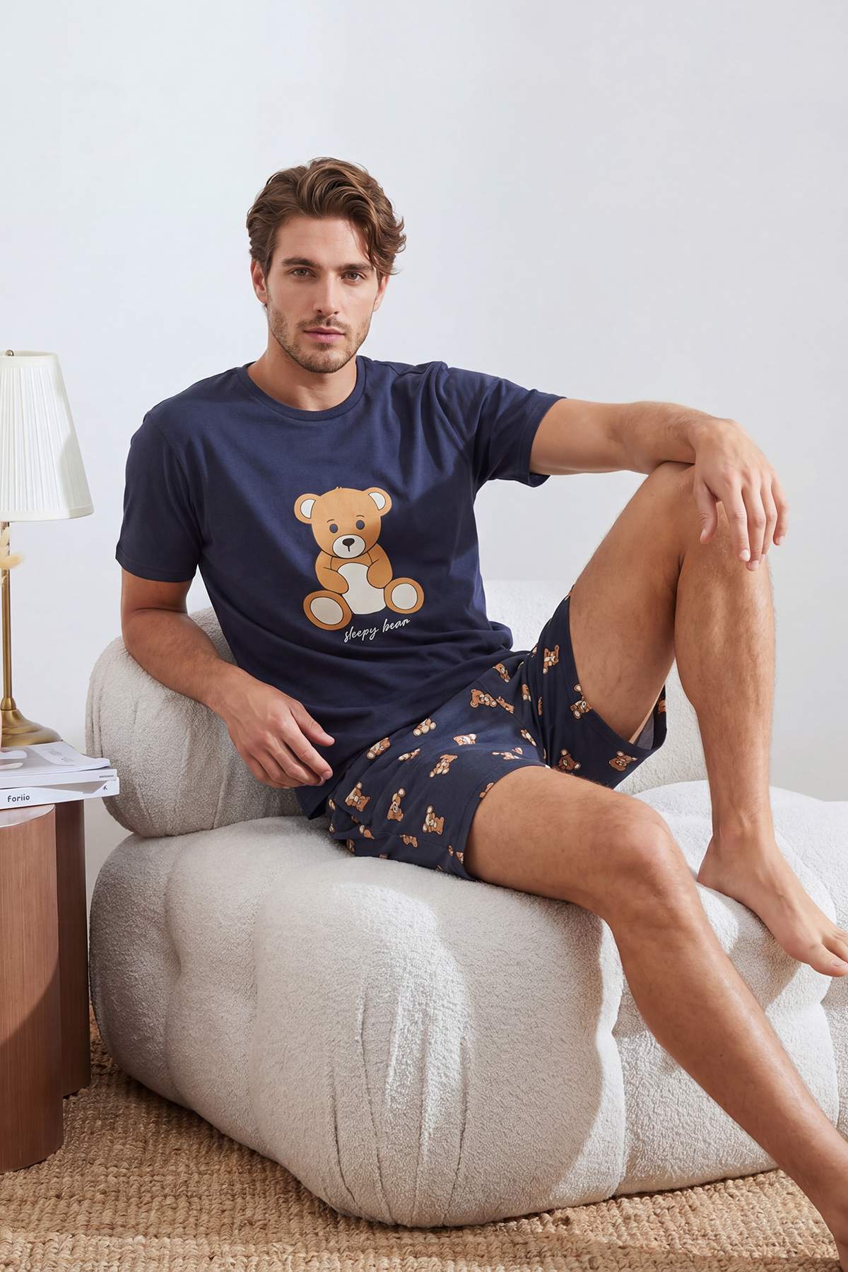 Trendyolmilla Man Lacivert Couple/Çift Ayıcık Desenli Regular Fit Yazlık Örme Pijama Takımı TMNSS26PT00051