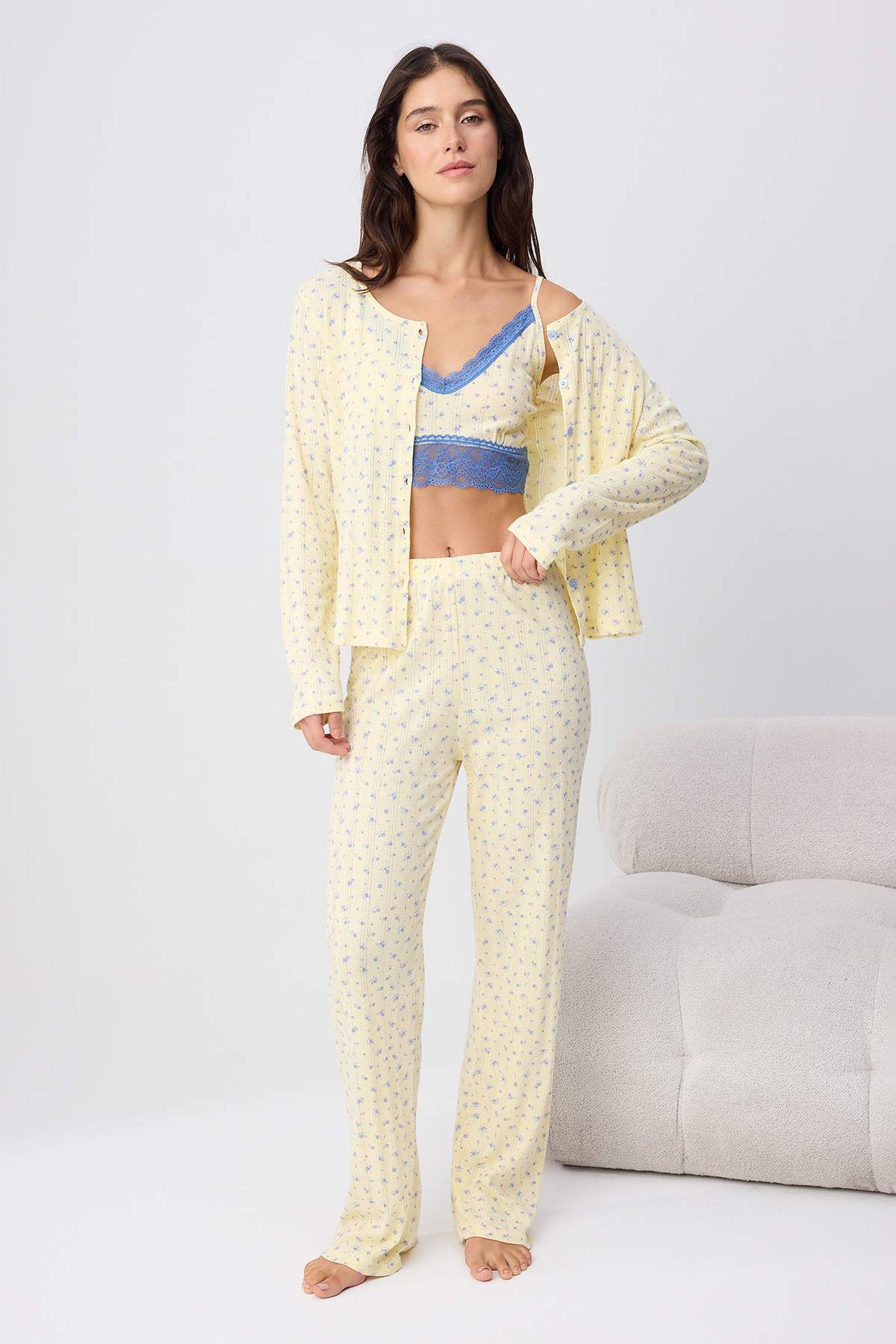 TRENDYOLMİLLA Yellow 3-Piece 100% Cotton Floral Lace Ribbed/Pointel Knitted P...