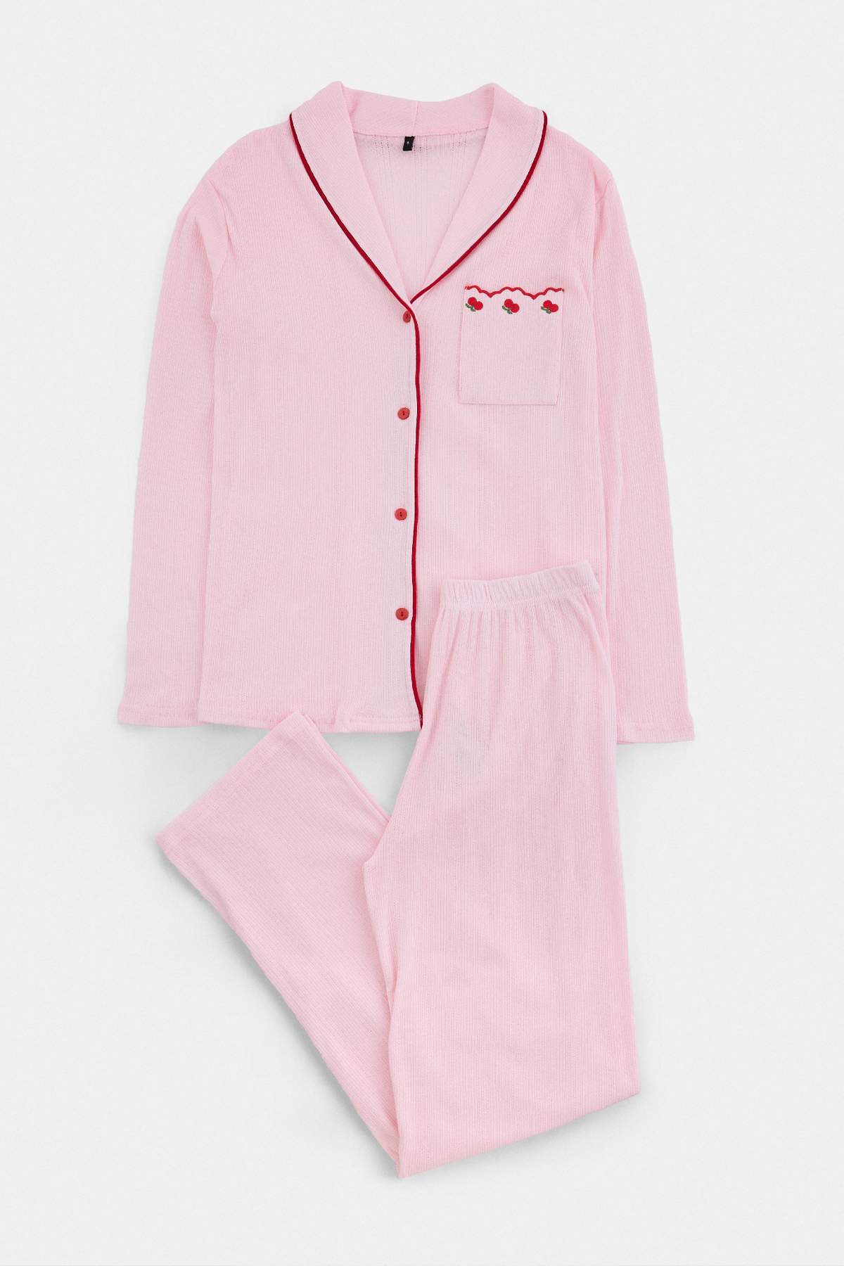 Trendyolmilla Pembe Biyeli Kiraz Nakışlı Pointel/Fitilli Örme Pijama Takımı THMAW27PT00028