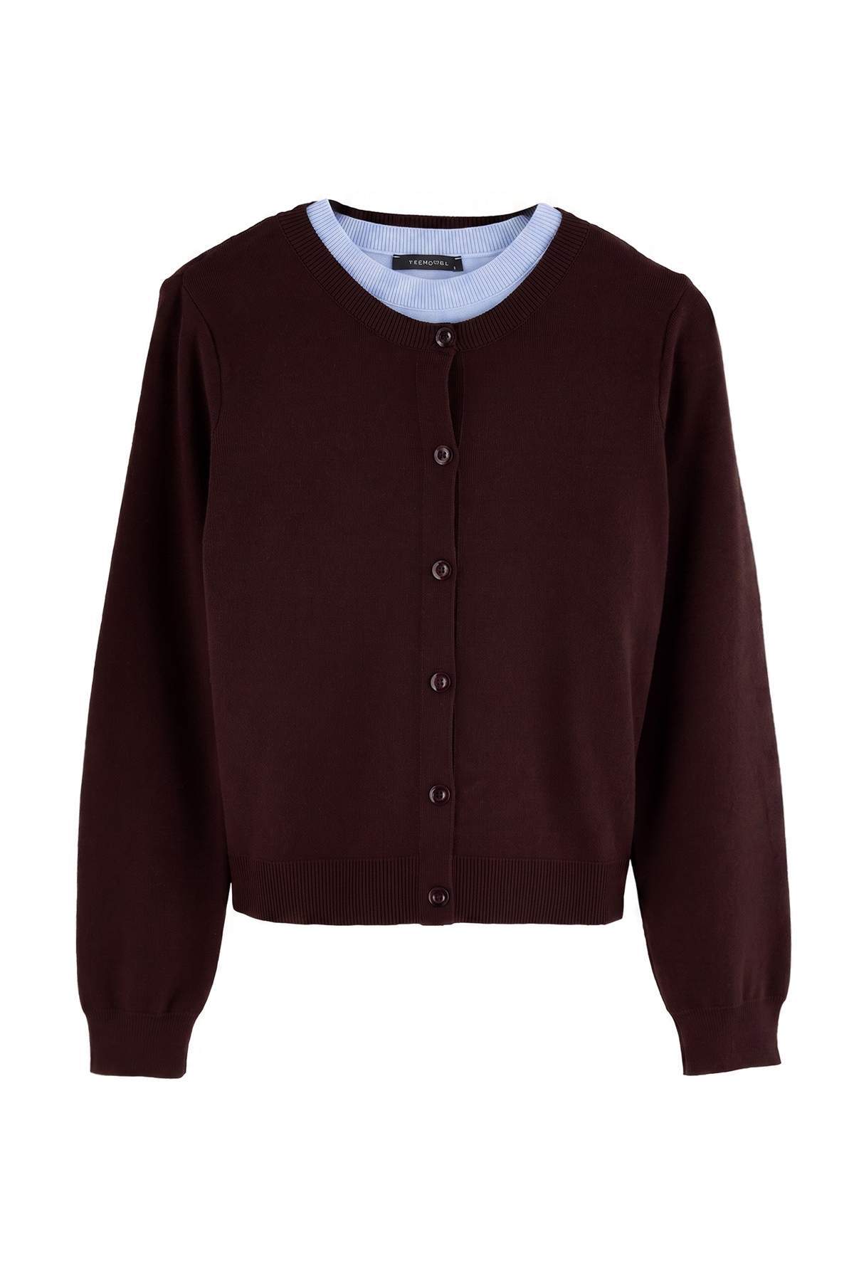 Trendyolmilla Wardrobe Essenstials Kahverengi Bebe Mavi Triko Bluz- Hırka Takım TWOAW27HI00067