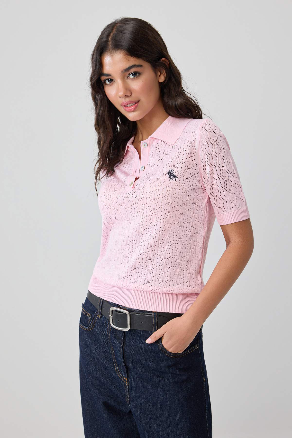 Trendyolmilla Pembe At Nakışlı Ajurlu/Delikli Polo Yaka Bluz TWOSS26BZ01101