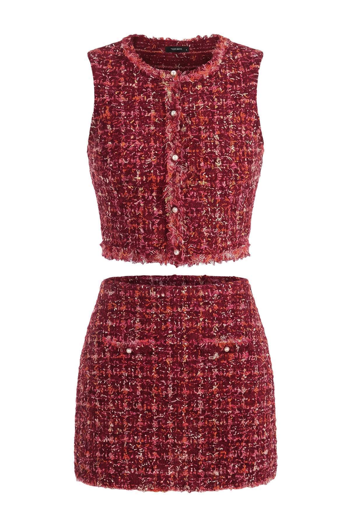 Trendyolmilla Koyu Kırmızı Ekose/Kareli Bisiklet Yaka Bluz-Mini Etek Triko Alt - Üst Takım TWOAW27AU00023