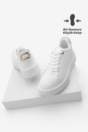 Marjin Kadın Sneaker Kalın Taban Altın Toka Detaylı Bağcıklı Spor Ayakkabı Ro...