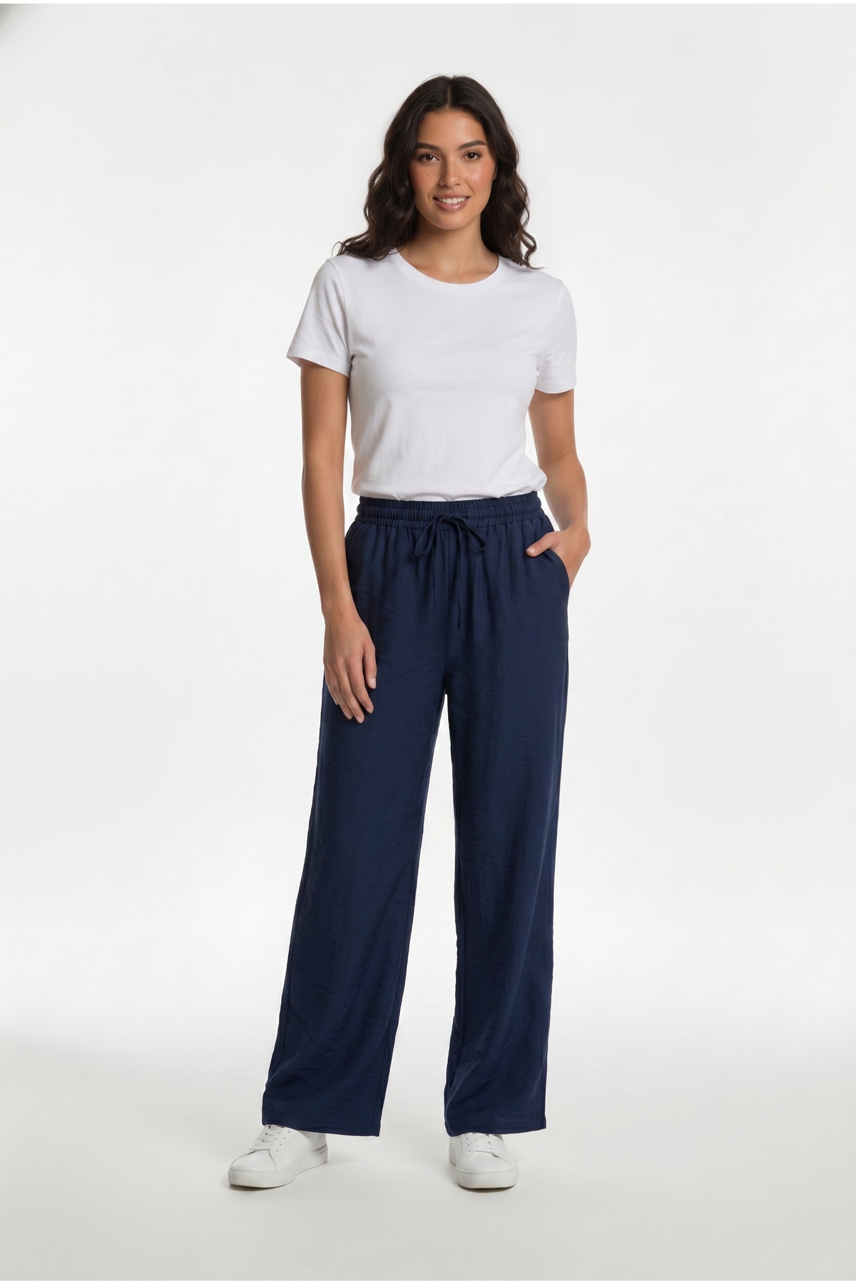 Navy Blue Linen Effect Loose Fit Waistband Pants