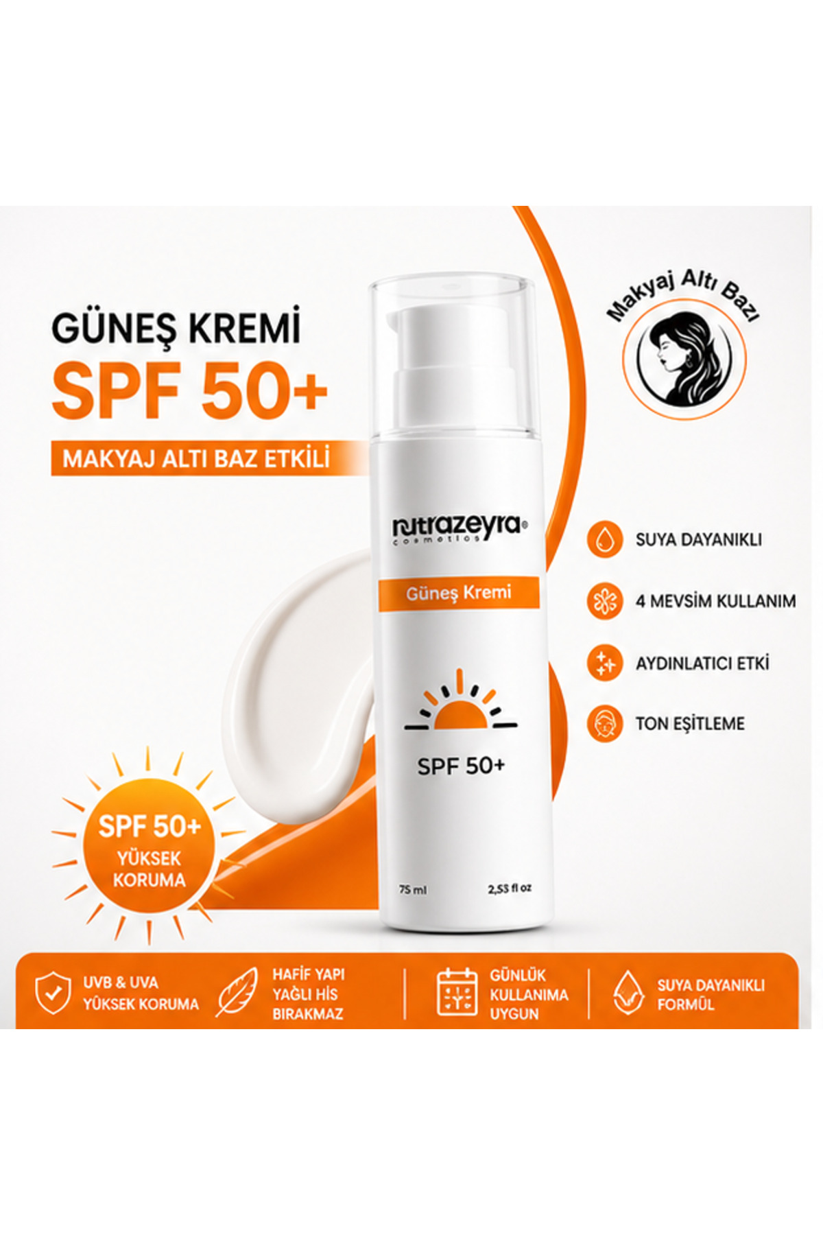 Nutrazeyra Cosmetics SPF 50+ Güneş Kremi 75 ml UVA UVB Koruma Aydınlatıcı & Ton Eşitleyici Güneş Koruyucu — TYCAENCUAN171052057253661
