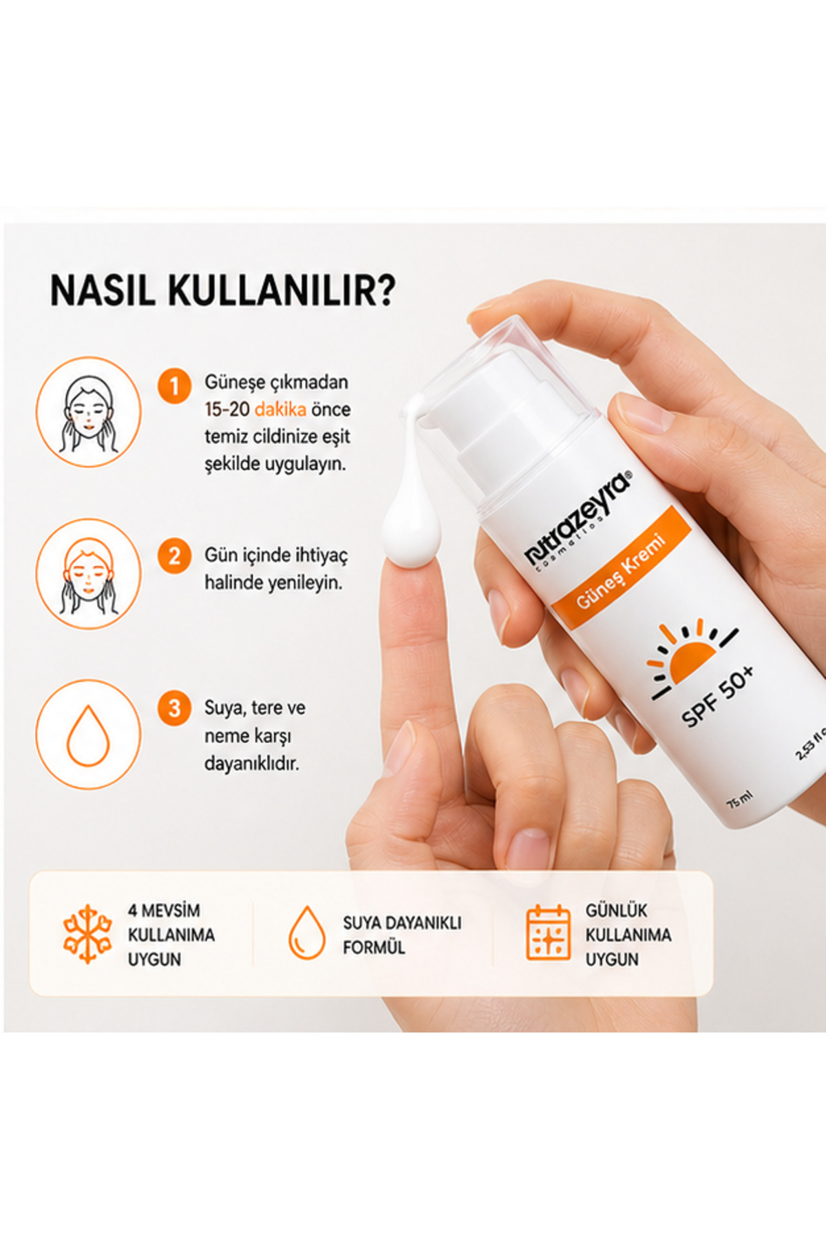 SPF 50+ Güneş Kremi 75 ml UVA UVB Koruma Aydınlatıcı & Ton Eşitleyici Güneş Koruyucu — TYCAENCUAN171052057253661 — تصویر 5 از 5