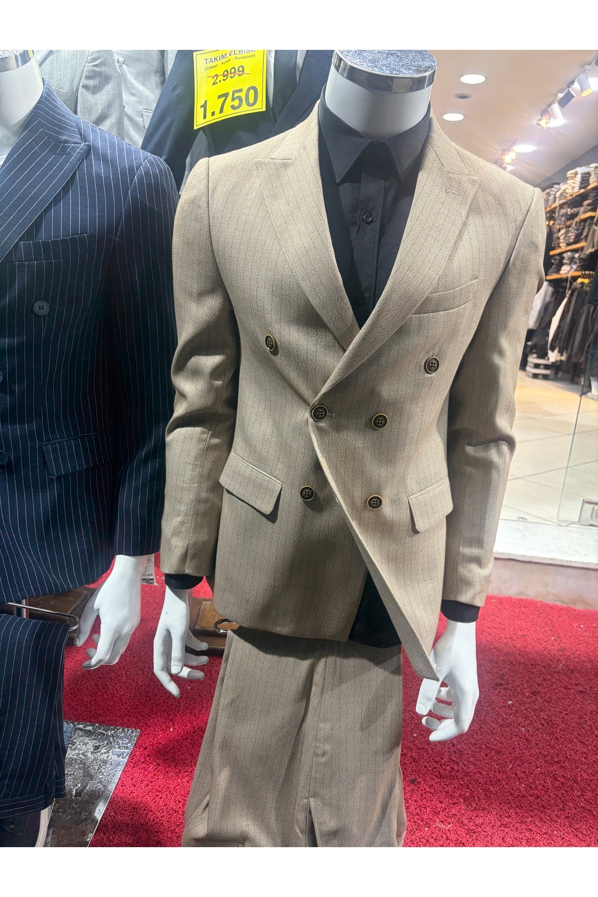 ŞIK ADAM Ekru(Kırık Beyaz) Kruvaze Çizgili Slim Fit Erkek Takım görsel 3