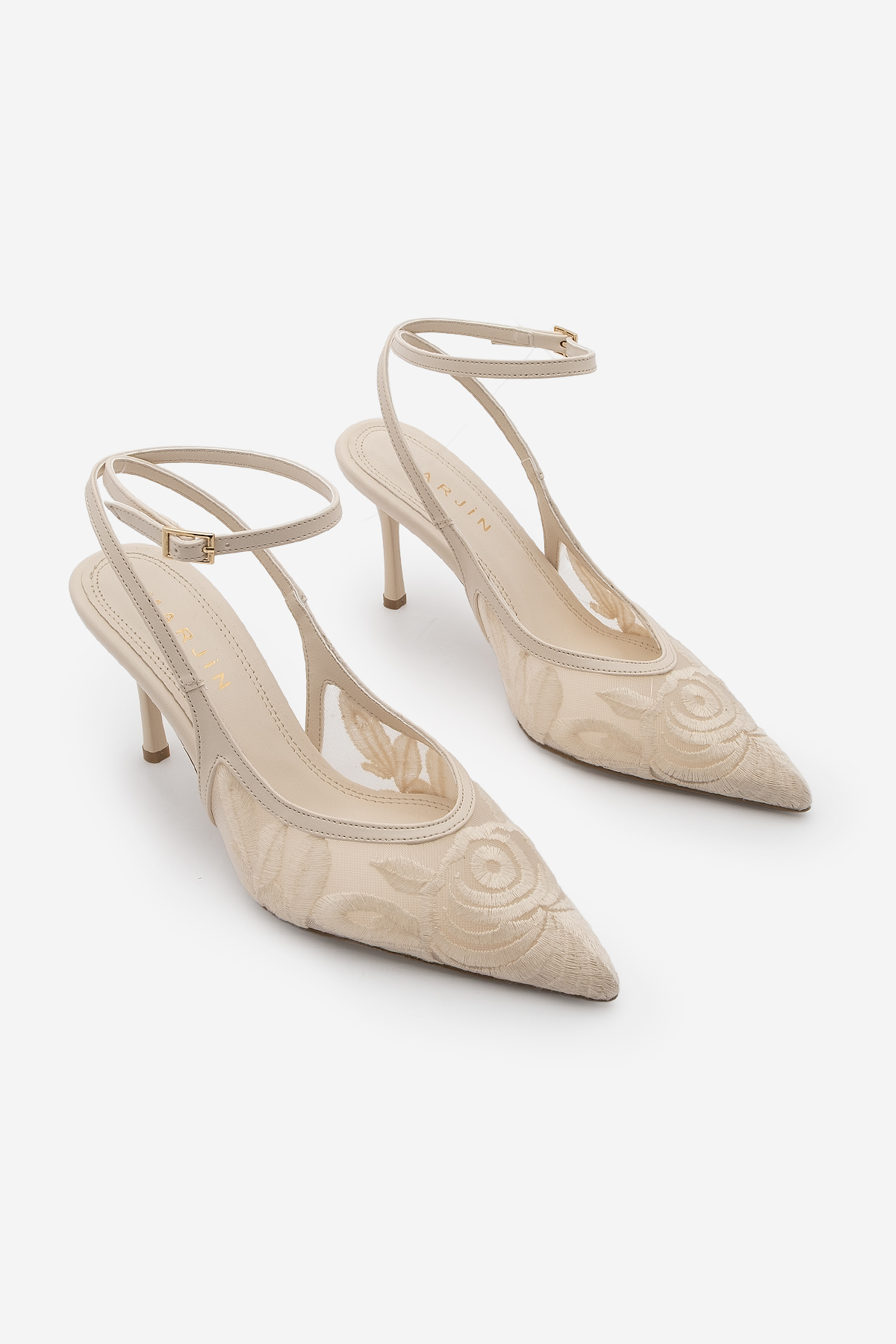 Women's Stiletto Ankle Tied Lace Embroidery Mesh Classic Heeled Shoes Limez Ecru