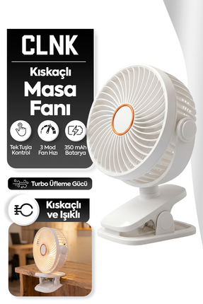 CLNK Kıskaçlı 3 Kademeli 360 Dönen Işıklı Sessiz Taşınabilir Fan Vantila Masa...